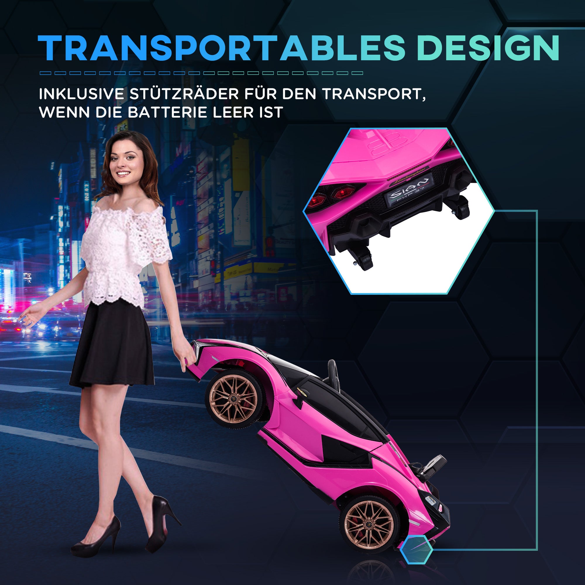 HOMCOM Kinder Elektrische Auto, Lamborghini, 3-5 km/u, Afstandsbediening, voor 3-5 Jaar, Roze