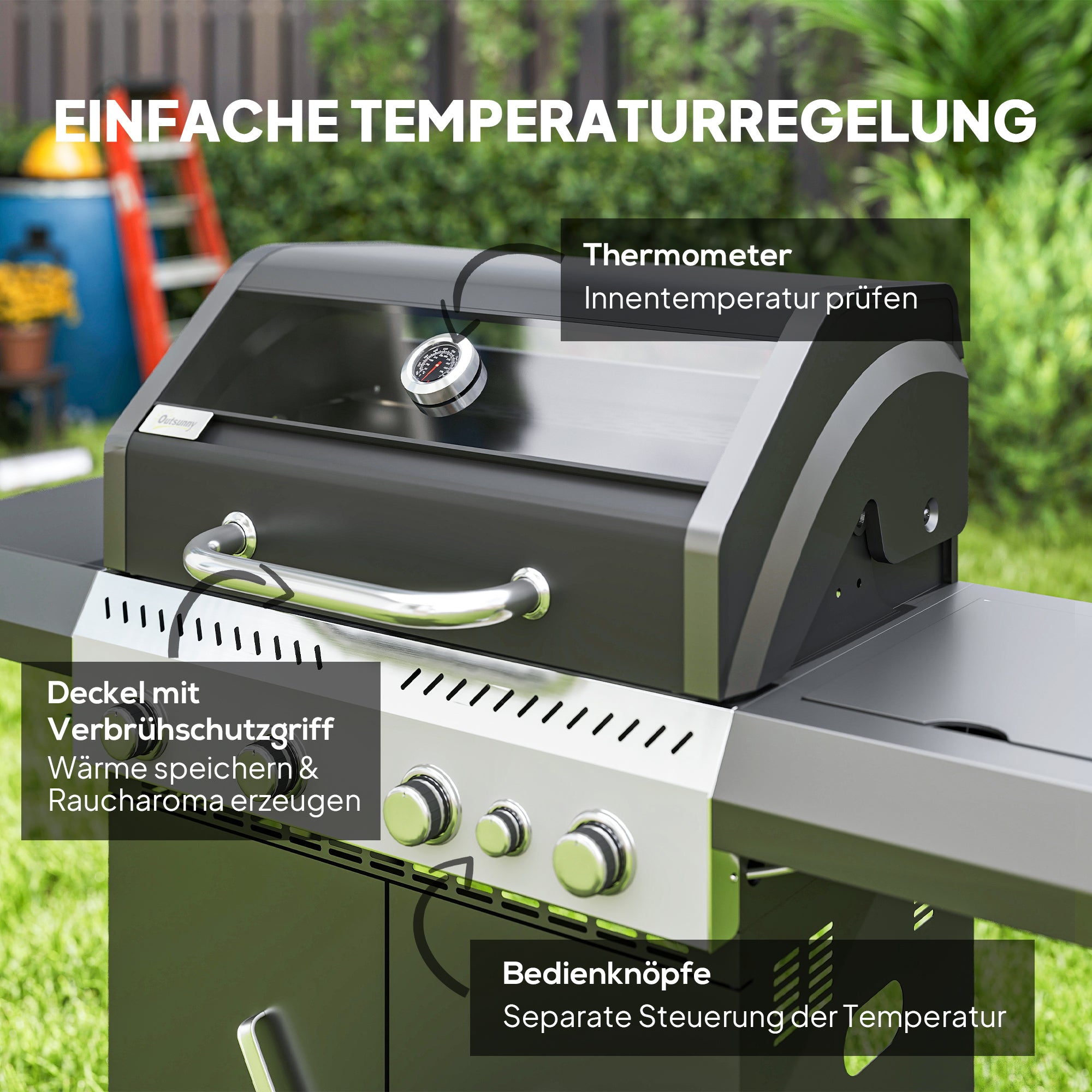 Outsunny Gasgrill 12 KW Grillwagen met 5 Branders, Zijkoker, Deksel, Thermometer, Zijplanken 135 x 54 x 110 cm