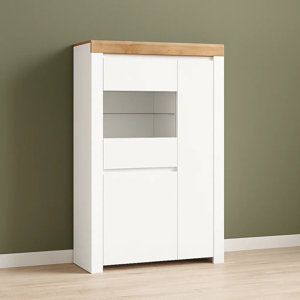 Vitrineskab til tallerkener - Hvid og tr - MDF og lamineret spnplade - Indendrs - 98 cm x 42 cm x 156 cm - dYYobcRt2rNe