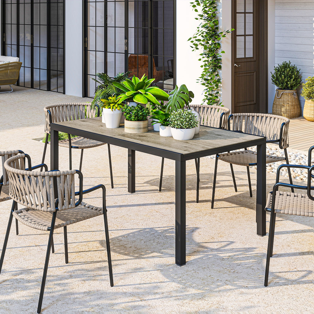 Outsunny Uitschuifbare Eettafel voor 6-8 Personen, Verstelbare Outdoor Tafel van Aluminium, Staal, Kunststof met Houteffect, Grijs