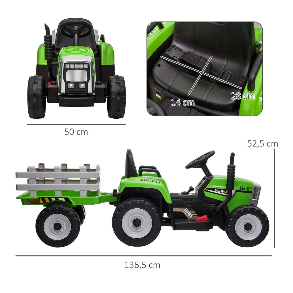 HOMCOM Elektrische kinderauto, kindertractor, inclusief ouderlijke afstandsbediening, maximale snelheid van 6 km/u, groen + zwart