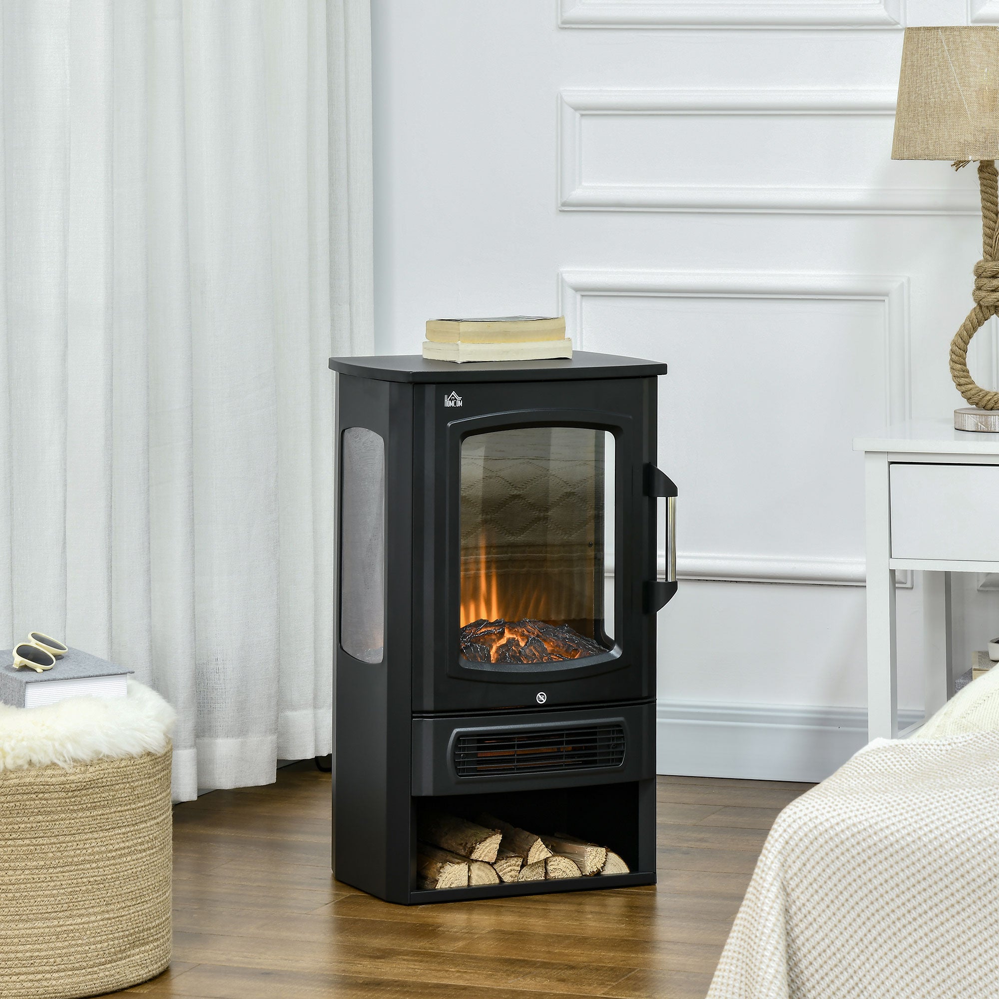 HOMCOM elektrische haard, realistische vlammen, 2 verwarmingsniveaus, bescherming tegen oververhitting, staal, zwart, 44,5 x 32 x 74 cm