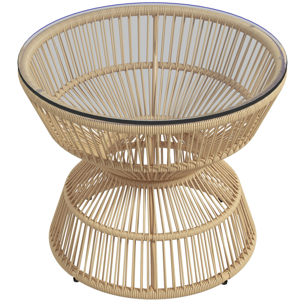 Outsunny Buitentafel Bijzettafel Tuinmeubel Rattan Bijzettafel, Glazen Blad, PE-Rattan, 60 cm x 60 cm x 50 cm, Natuurlijk