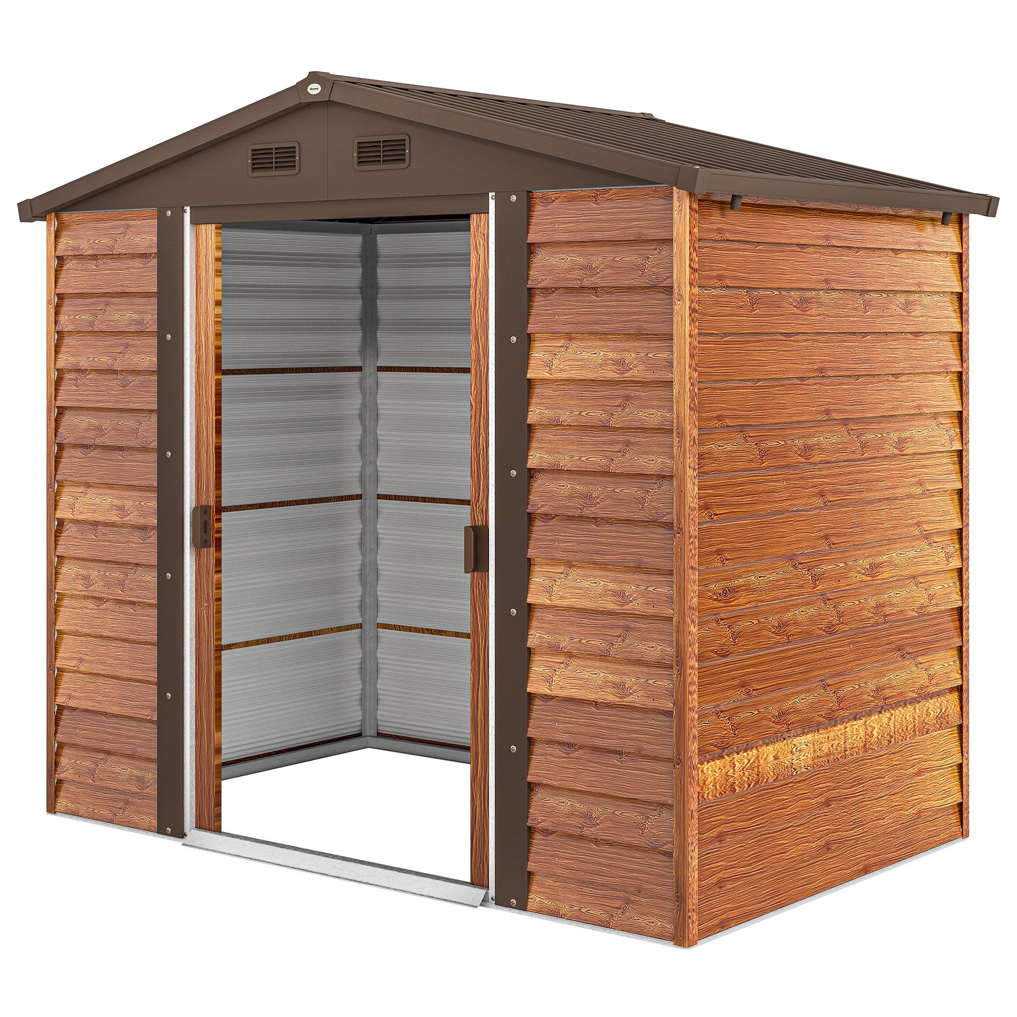 Outsunny Tuinschuur, gereedschapsschuur, tuinhuis met ramen, weerbestendig, houtlook, staal, 152 x 235,7 x 208,7 cm, Bruin