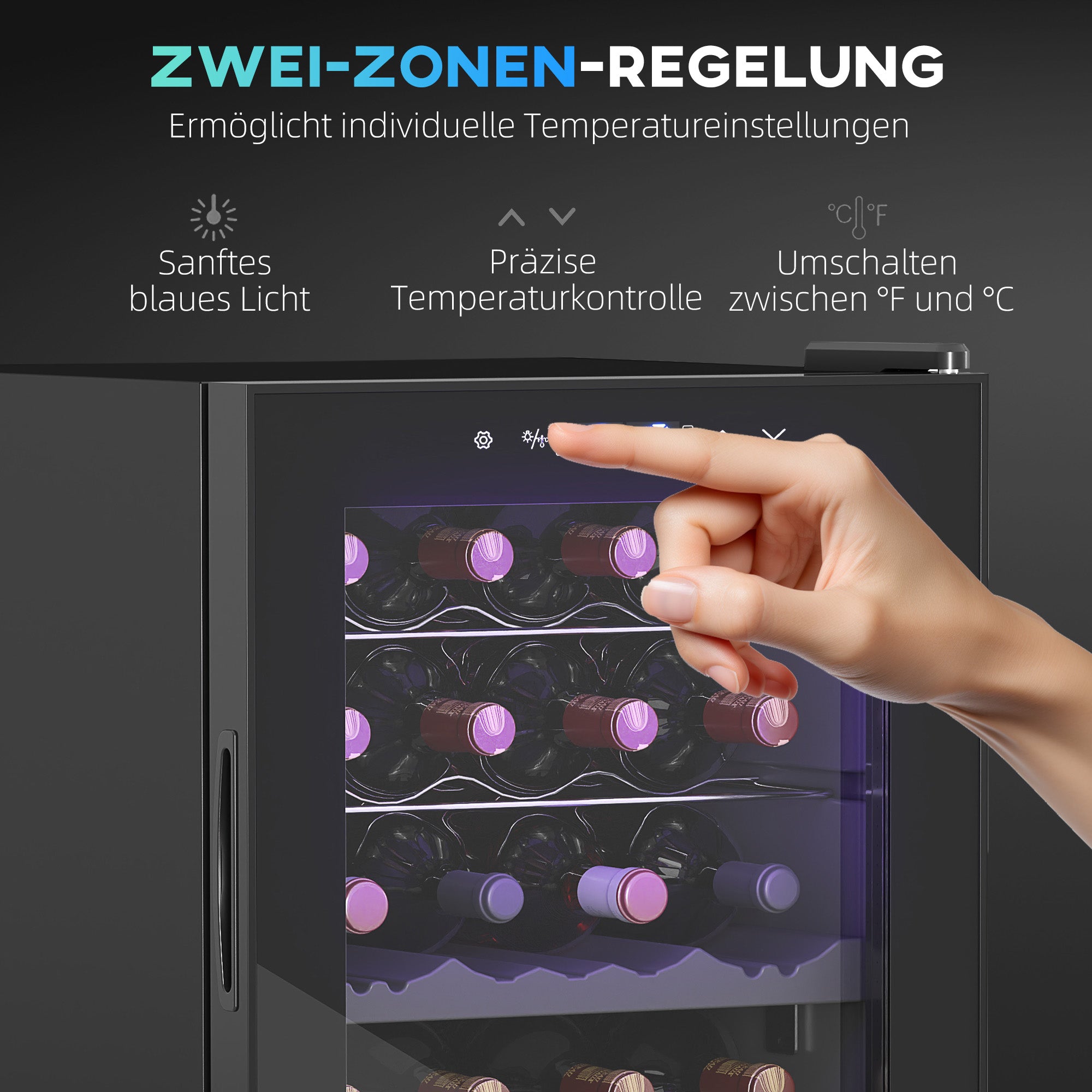 HOMCOM Kleine Wijnkoelkast voor 28 Flessen, 74 Liter, Glazen Deur, LED-Verlichting, Touch-Screen