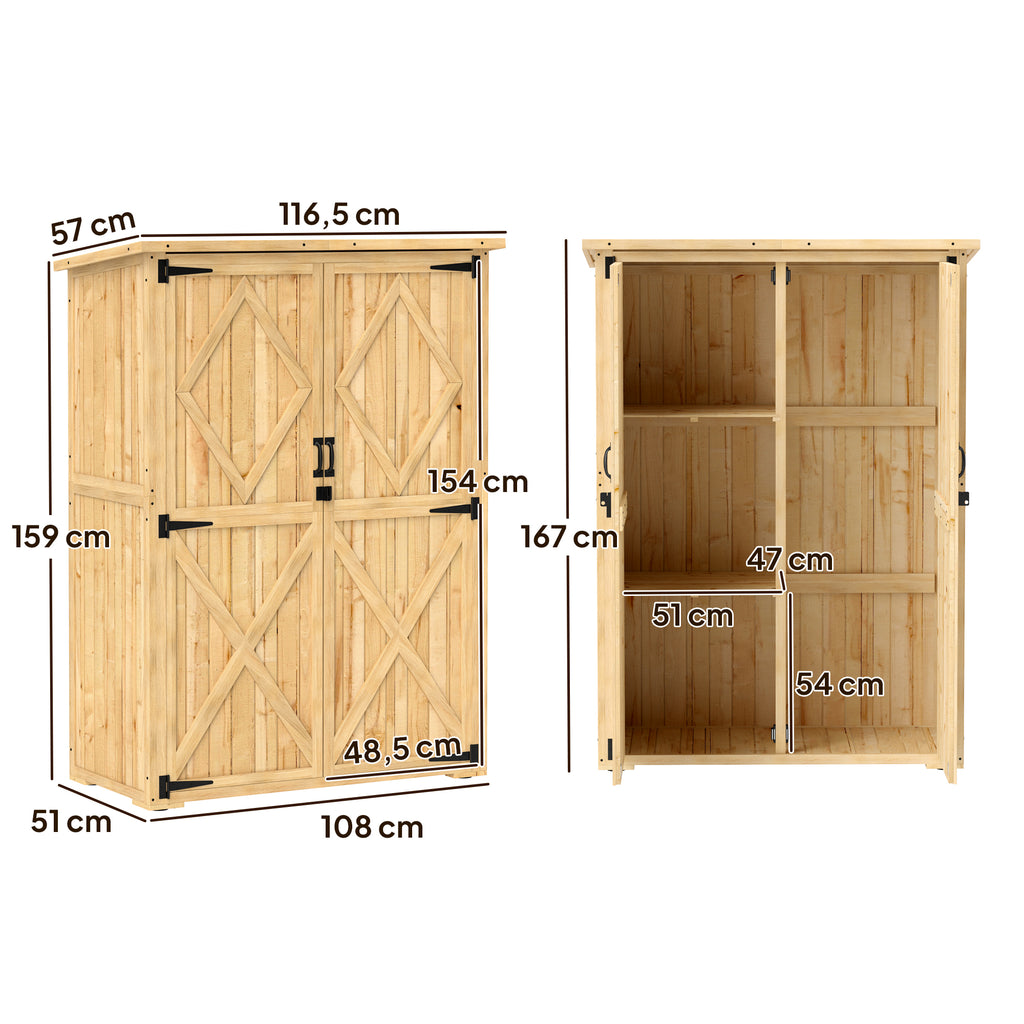 Outsunny Tuinopslagschuur, houten schuur voor gereedschap en tuinapparatuur, asfaltdak, dubbele deuren, sparrenhout, lichtbruin