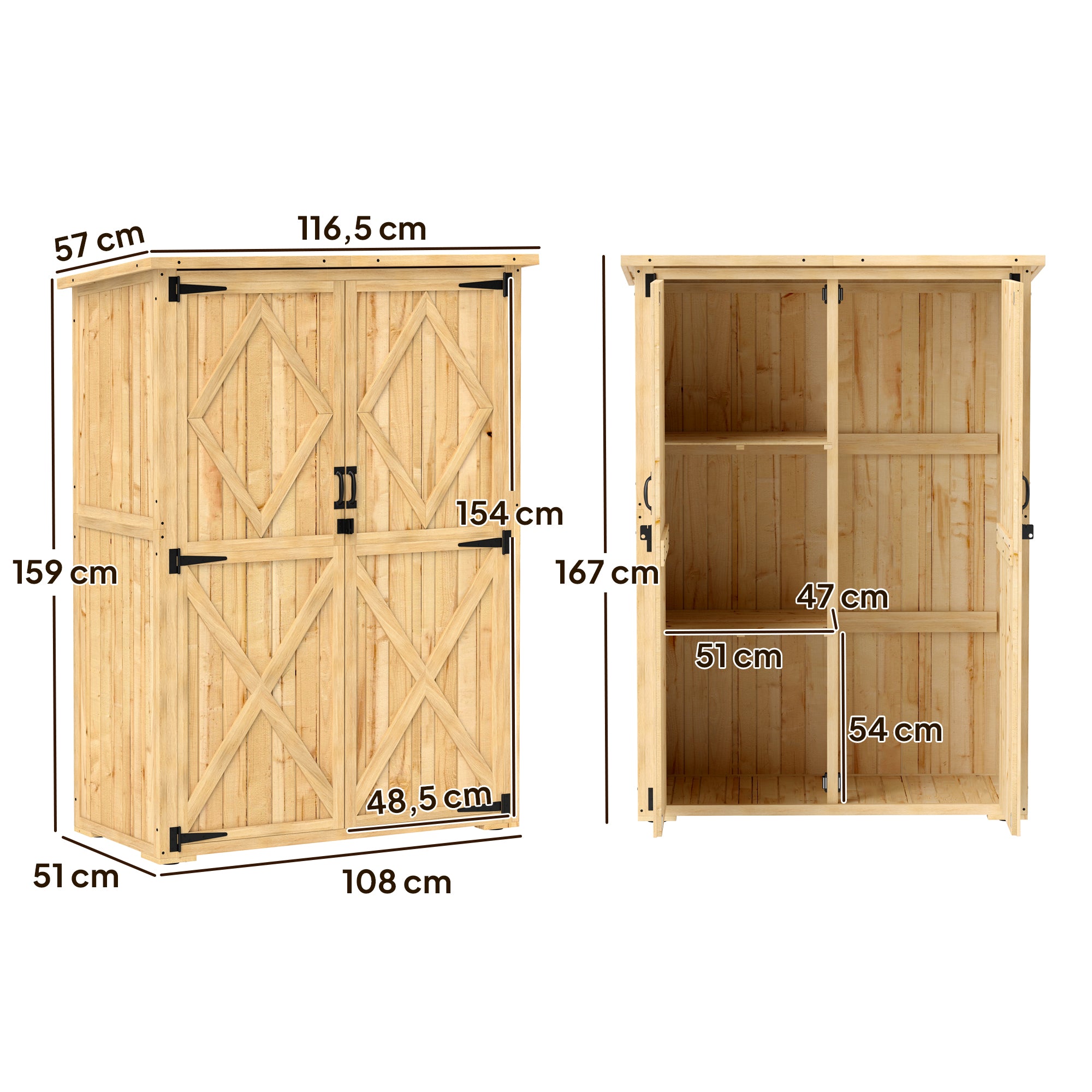 Outsunny Tuinopslagschuur, houten schuur voor gereedschap en tuinapparatuur, asfaltdak, dubbele deuren, sparrenhout, lichtbruin