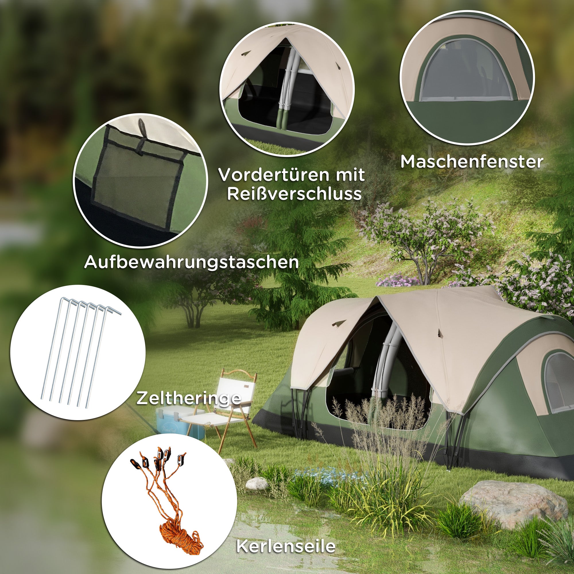 Outsunny Campingtent, 2 Ruimtes, Verwijderbare Scheidingswand, voor 6 Personen, Waterdicht, Donkergroen