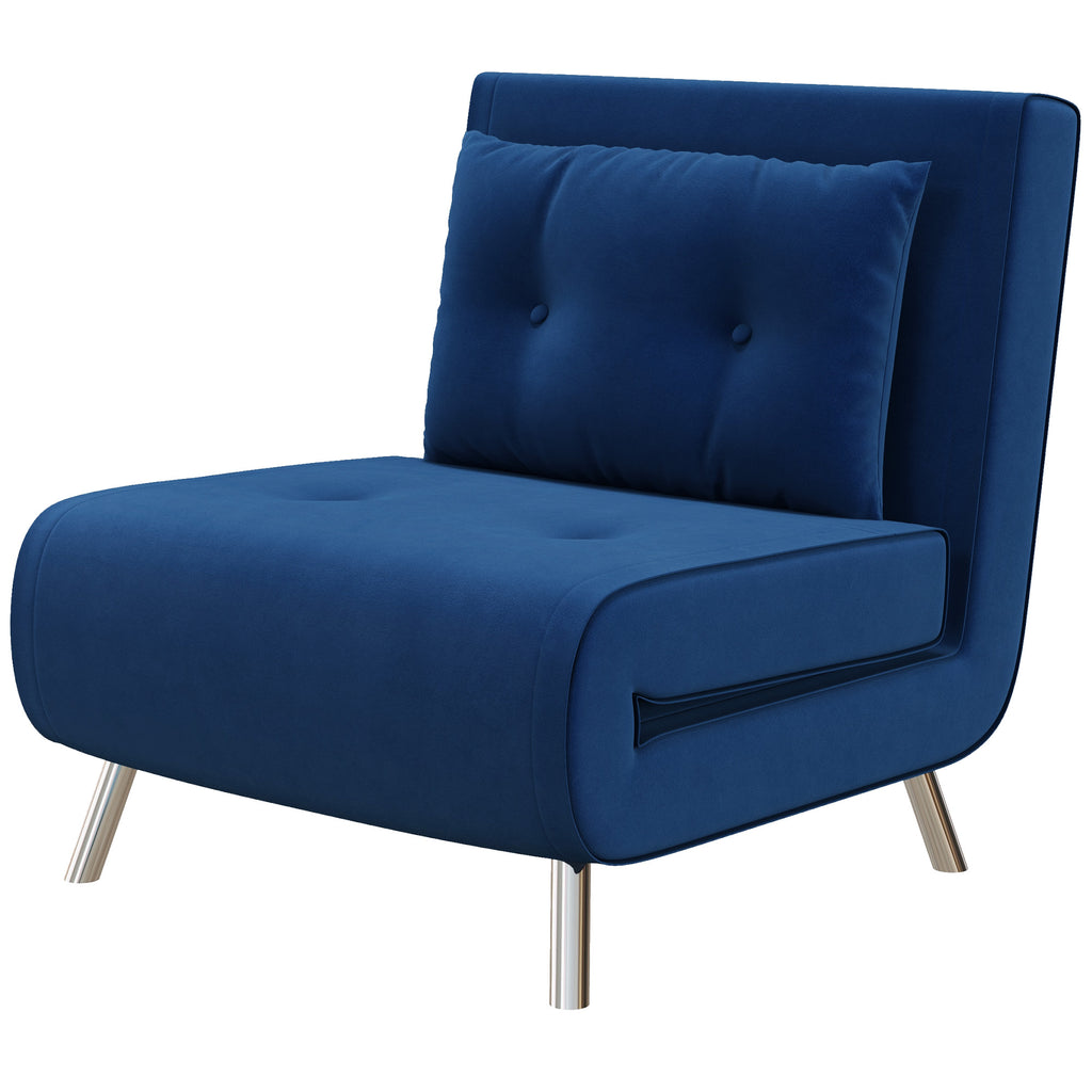 HOMCOM Ligstoel Stoel met Ligfunctie Slaapstoel, Knoopstiksels, Fluweellook, 77 cm x 88 cm x 83 cm, Blauw