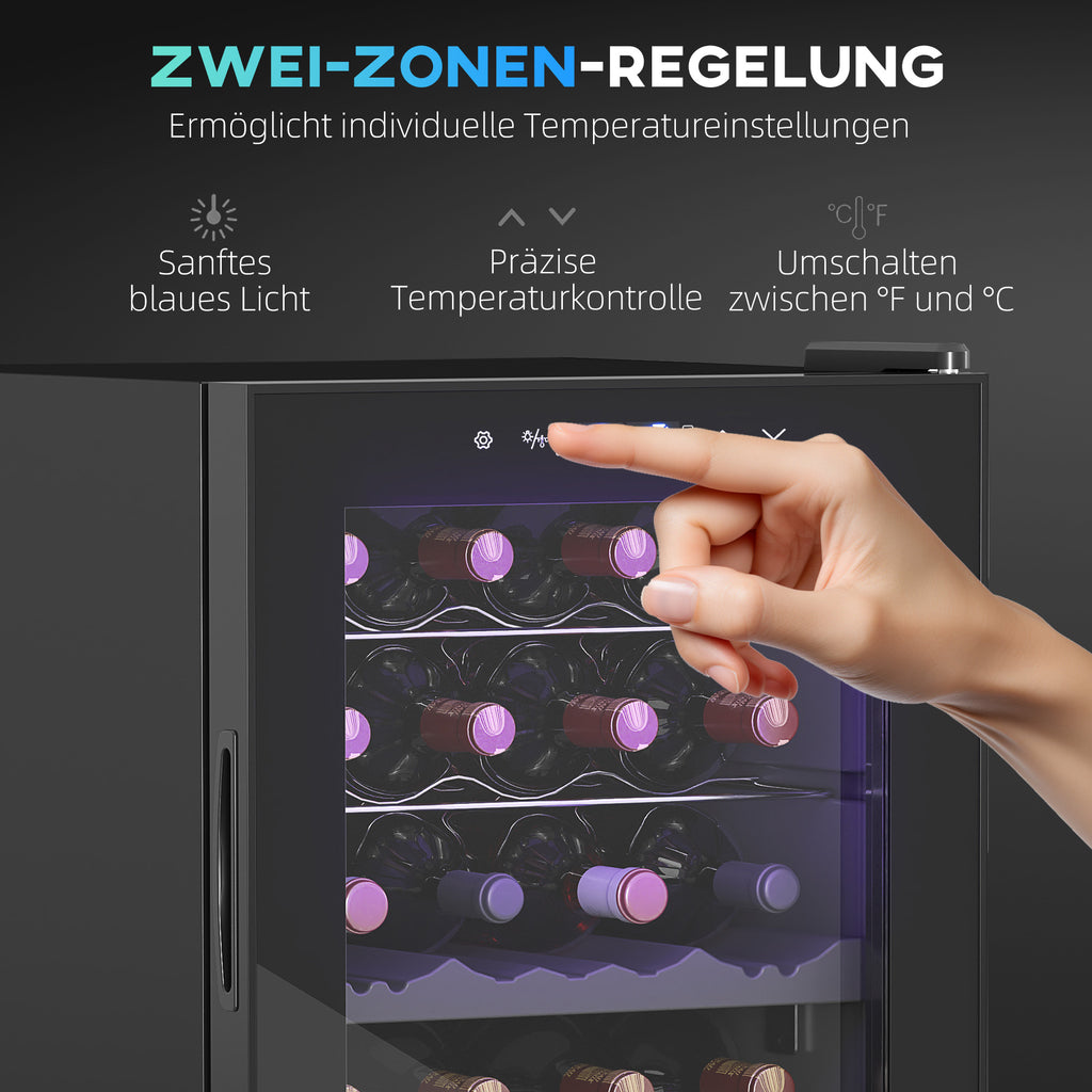 HOMCOM Kleine Wijnkoelkast voor 28 Flessen, 74 Liter, Glazen Deur, LED-Verlichting, Touch-Screen