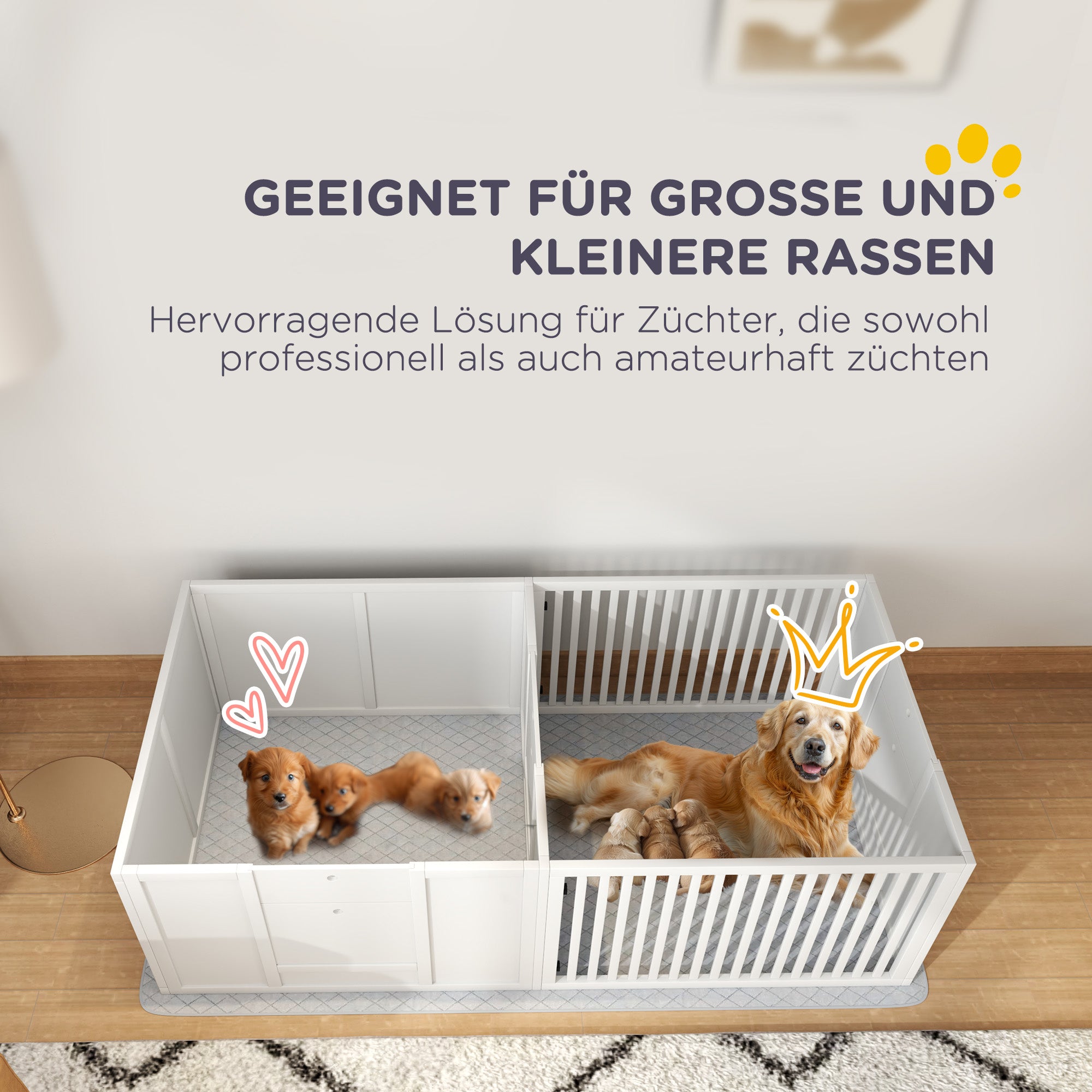 PawHut Werpbox voor Puppy's, met Ondermat, eenvoudig te reinigen, Hout, 166x80x50 cm, Wit