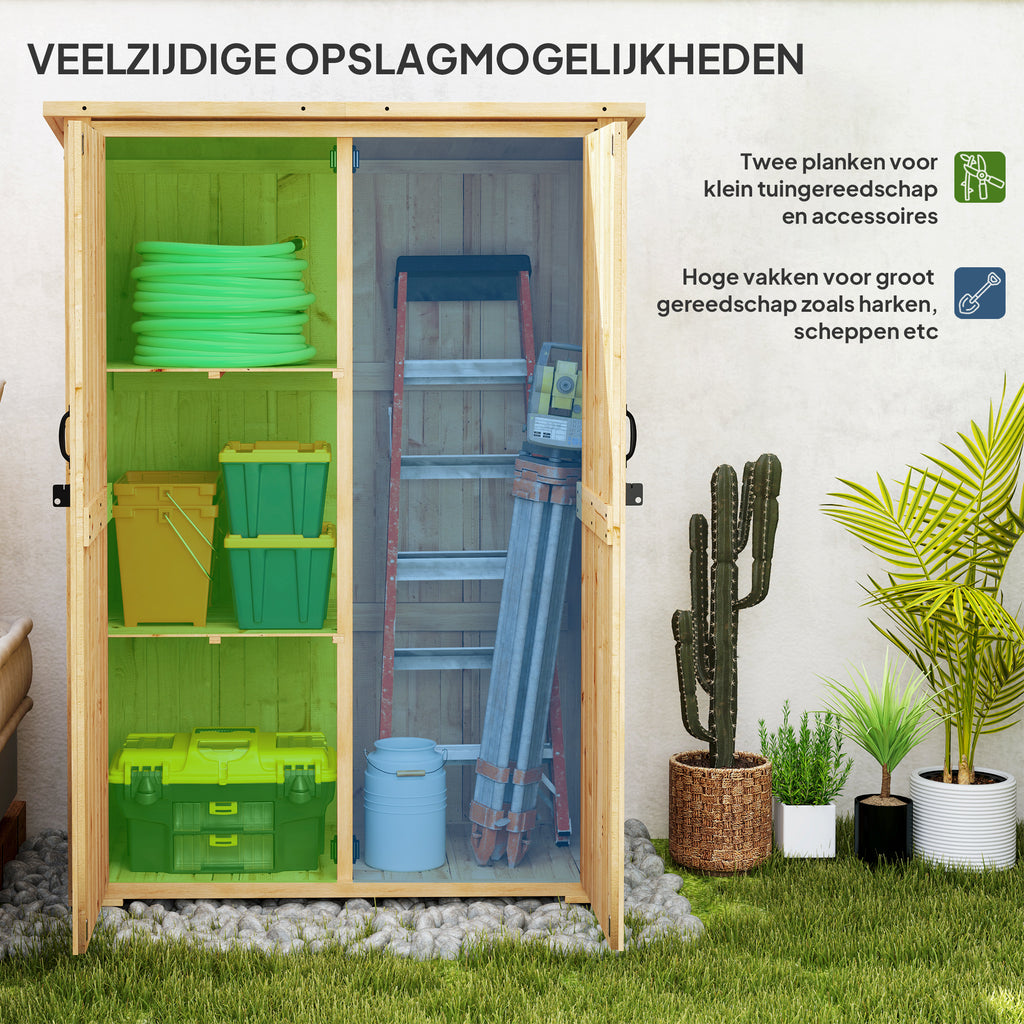 Outsunny Tuinopslagschuur, houten schuur voor gereedschap en tuinapparatuur, asfaltdak, dubbele deuren, sparrenhout, lichtbruin