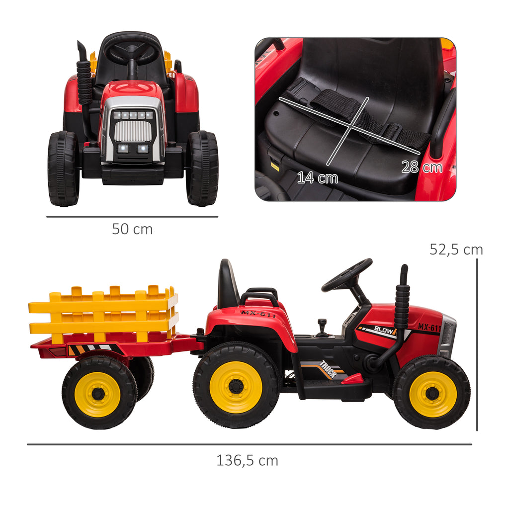 HOMCOM Elektrische kinderauto, kindertractor, inclusief ouderlijke afstandsbediening, maximale snelheid van 6 km/u; Rood + Zwart