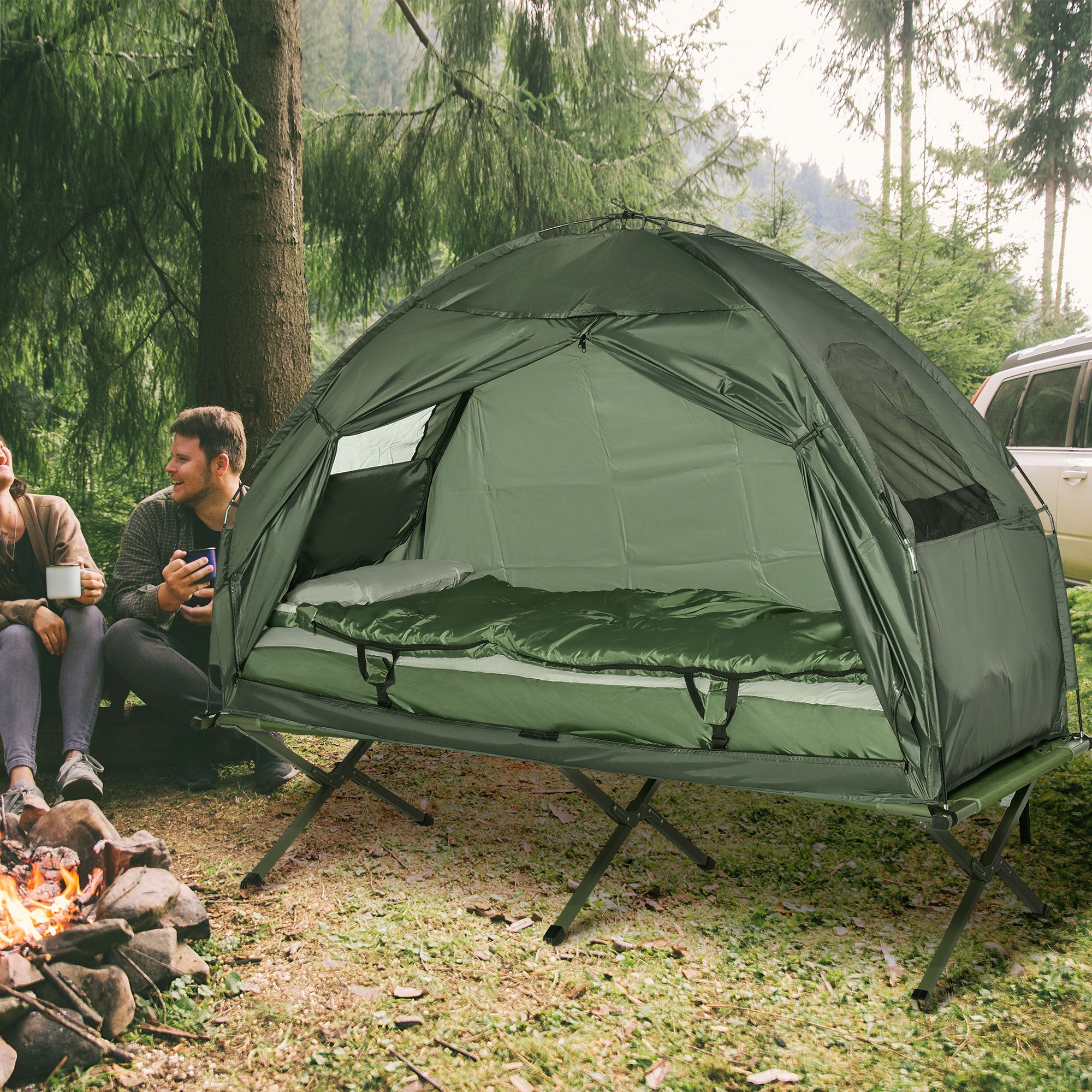 Outsunny Campingbed voor volwassenen - 4-in-1 set met tent, slaapzak, matras en waterdichte comfortabel opvouwbare, donkergroen