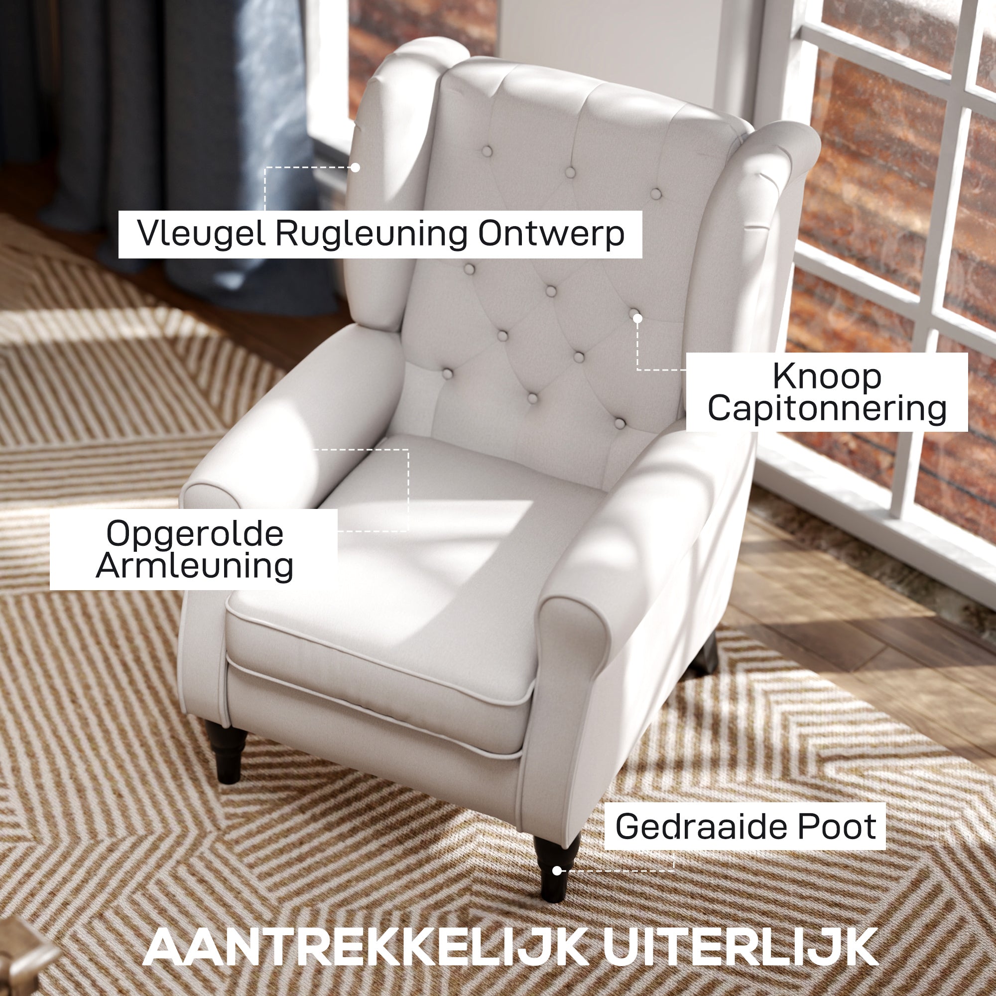 HOMCOM Elegante Oorfauteuil, Dik Gepolsterd, Afneembare Hoes, 74 x 86 x 102 cm, Crèmewit