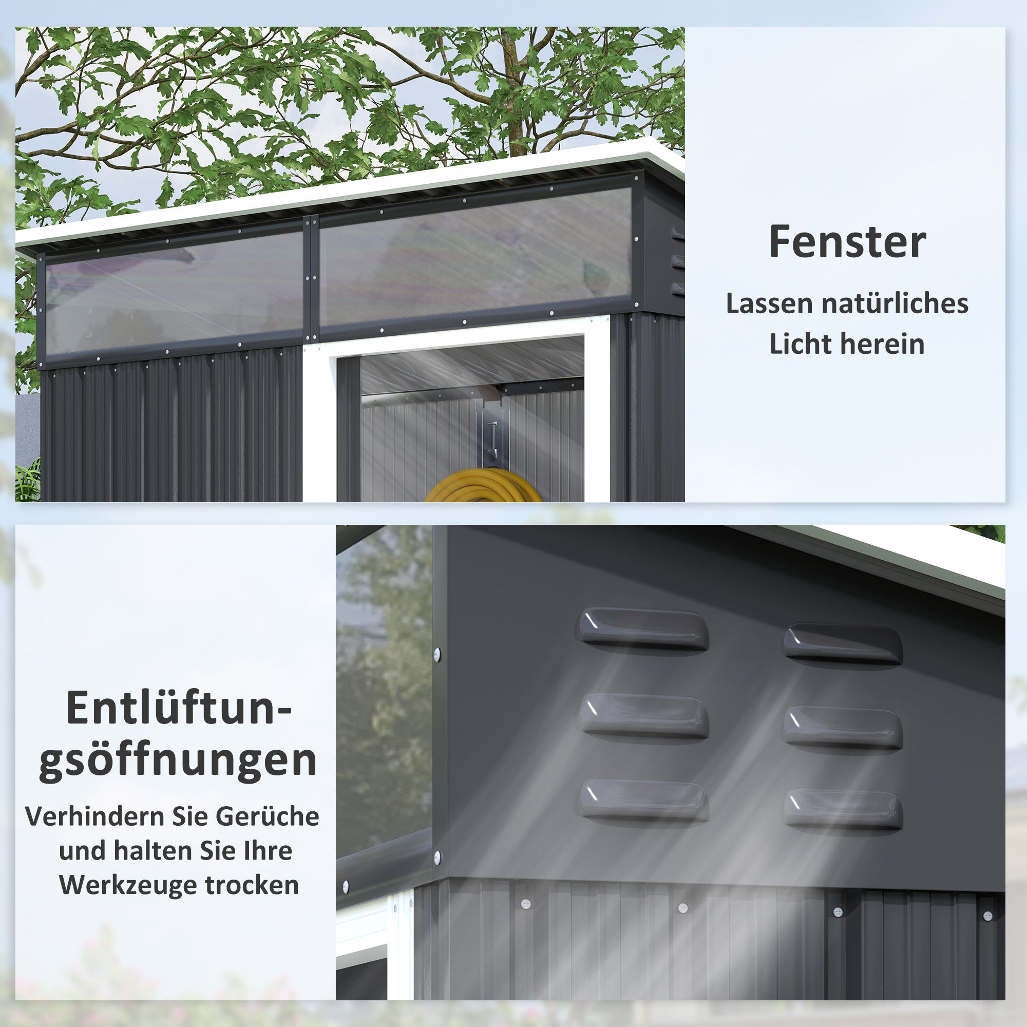 Outsunny Tuinschuur, Gereedschapsschuur met Vensters, Ventilatieopeningen, Schuifdeur, Waterdicht Staal, Weerbestendig, Donkergrijs
