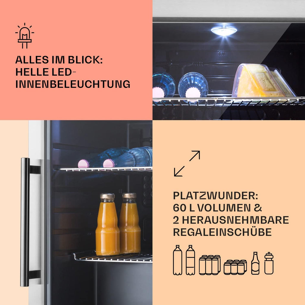 Klarstein Mini Koelkast met Glazen Deur voor Kamer, Drankenkoelkast met Verstelbare Planken, Klein 80 Liter, Indoor/Outdoor Koelkast Stil