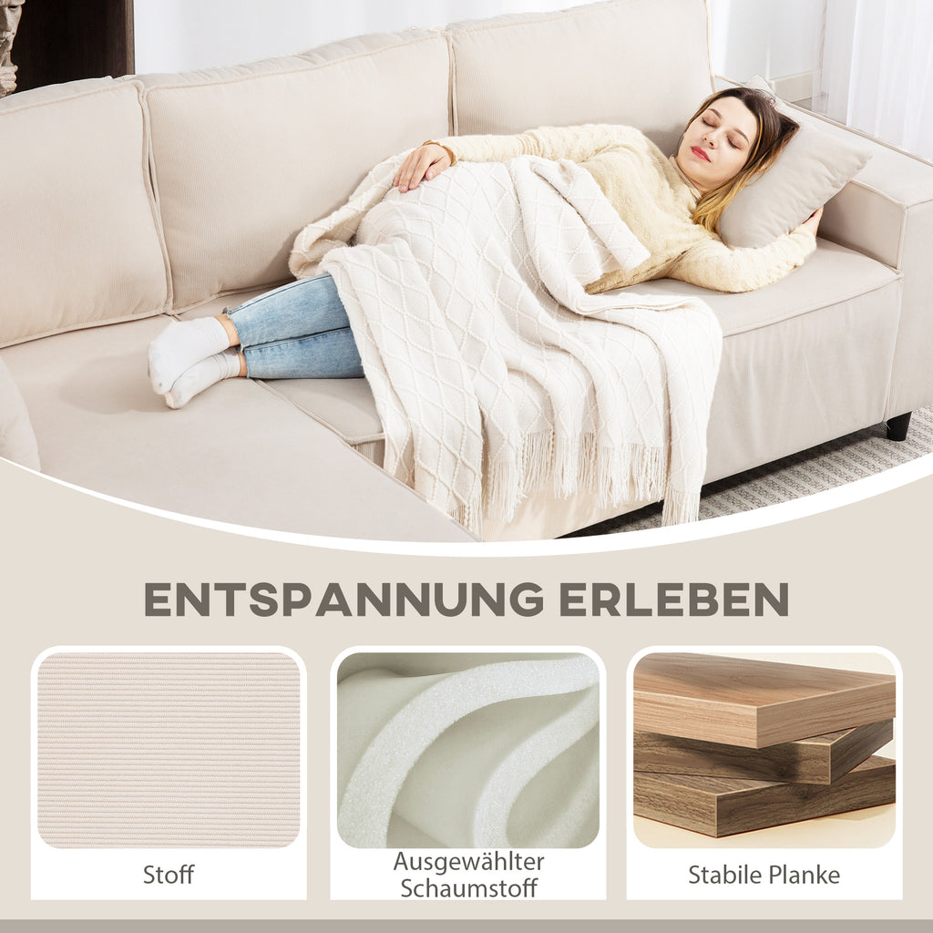 HOMCOM 3-Zitsbank met Chaise Longue, Woonkamerbank met Corduroy Bekleding, 2 Extra Kussens, Gestoffeerde Bank, Crèmewit