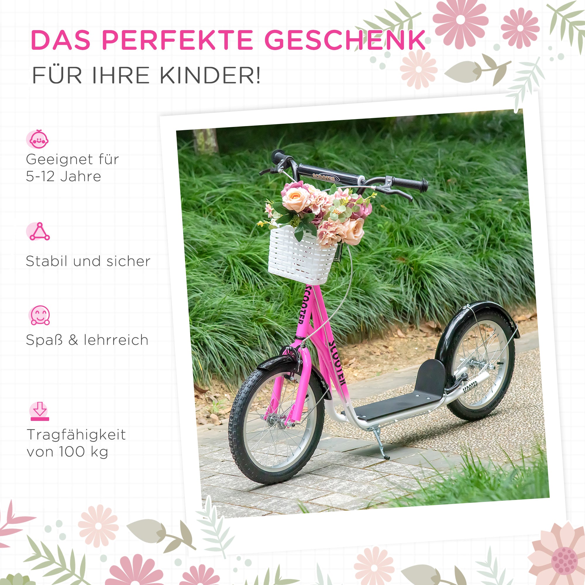 HOMCOM Kinderstep met Rem, Incl. Mand, Hoogteverstelbaar, voor Kinderen van 5 tot 12 Jaar, Wit + Roze