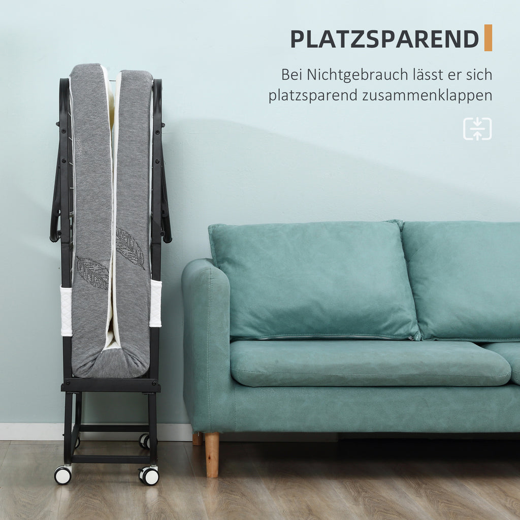 HOMCOM Opklapbaar bed 1 persoons met wielen verstelbaar, tot 150 kg, wit + zwart, 200 x 75 x 42,5 cm | Aosom.nl