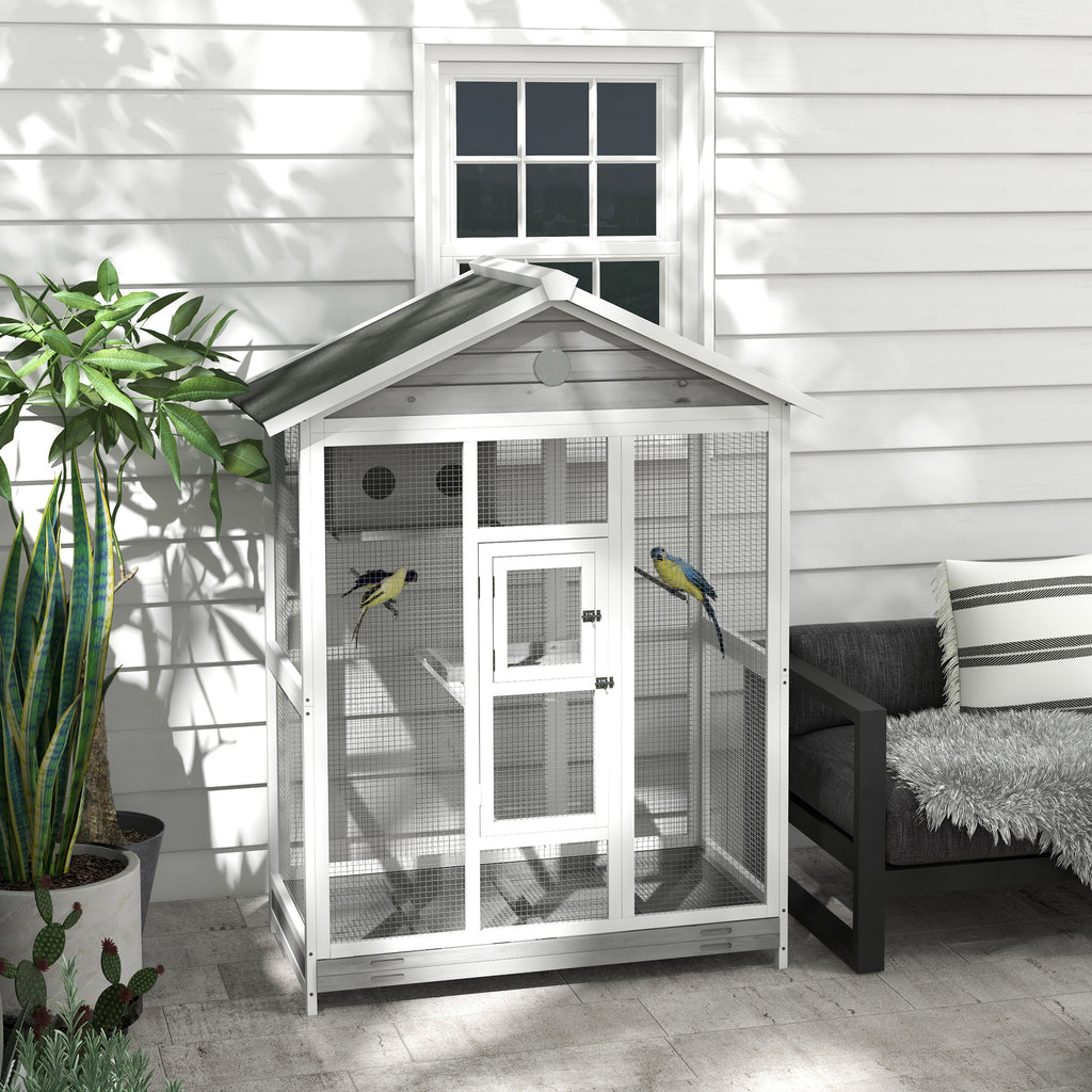 PawHut Houten vogelkooi met 4 zitstokken, asfaltdak, waterdicht, 112 x 68 x 154 cm
