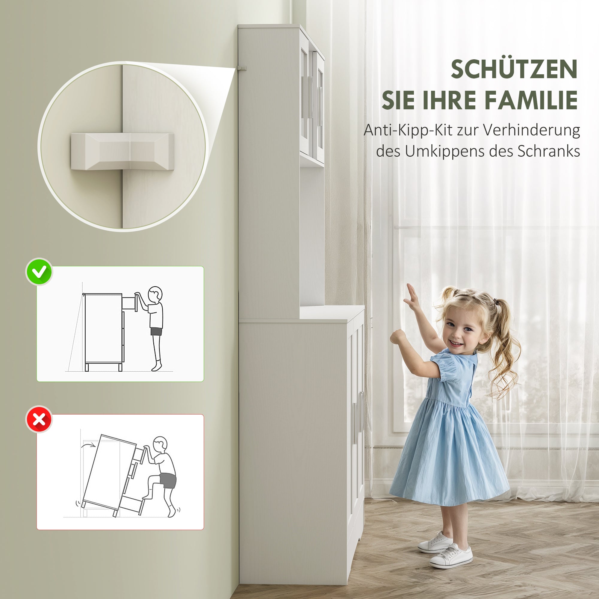 HOMCOM Keukenkast, Scandinavisch Design, 4 Kasten, Verstelbare Planken, Glazen Deuren, Open Vak, Spaanplaat, MDF, Wit