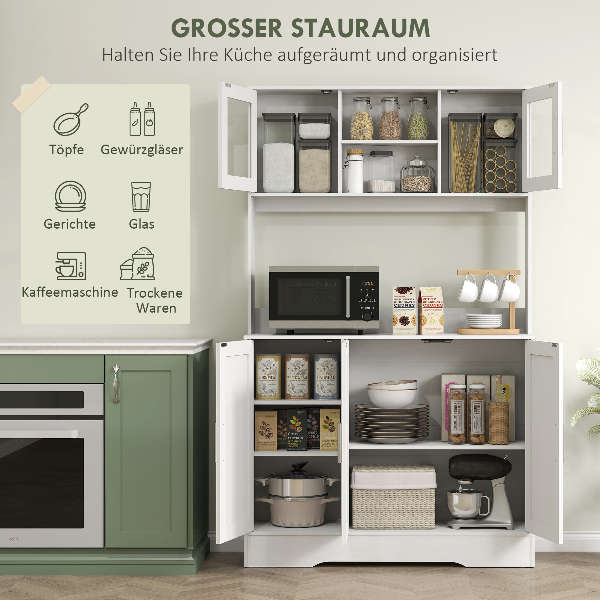 HOMCOM Keukenkast, Scandinavisch Design, 4 Kasten, Verstelbare Planken, Glazen Deuren, Open Vak, Spaanplaat, MDF, Wit