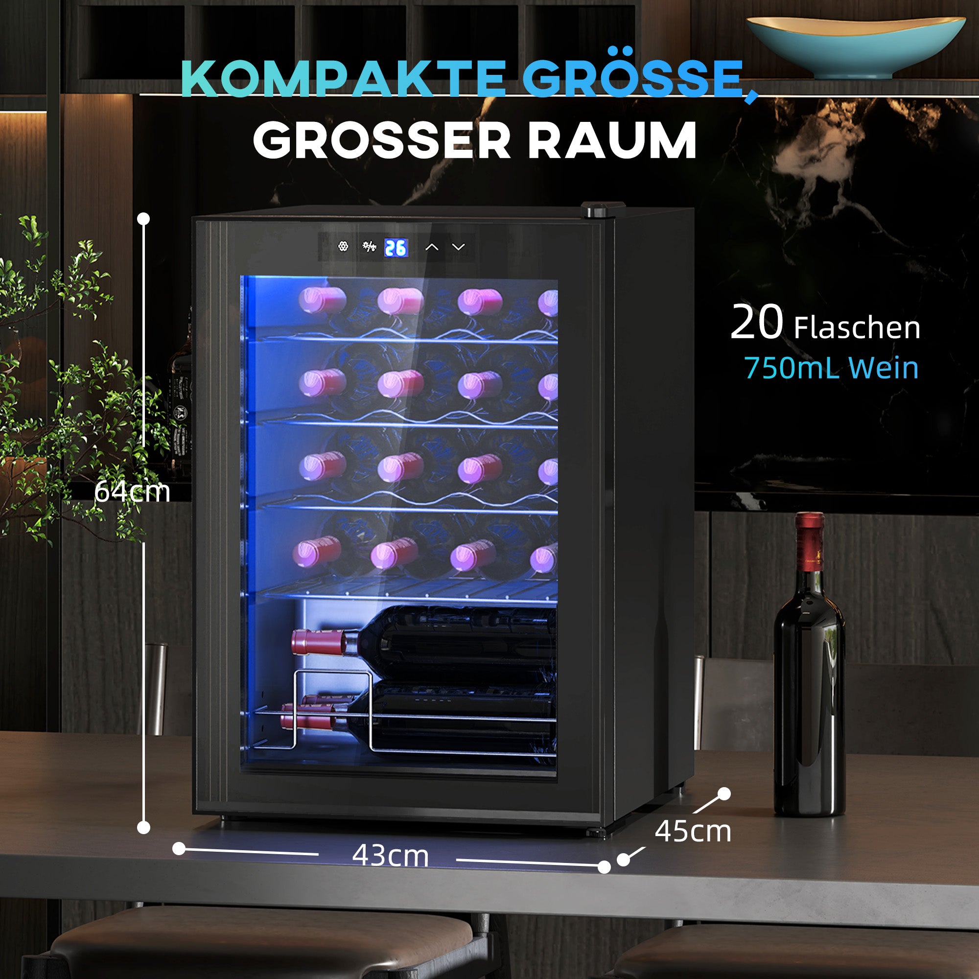 HOMCOM Kleine Wijnkoelkast, Mini-Koelkast voor 20 Flessen, 53 Liter Capaciteit, met Glazen Deur, LED-Verlichting, Zwart