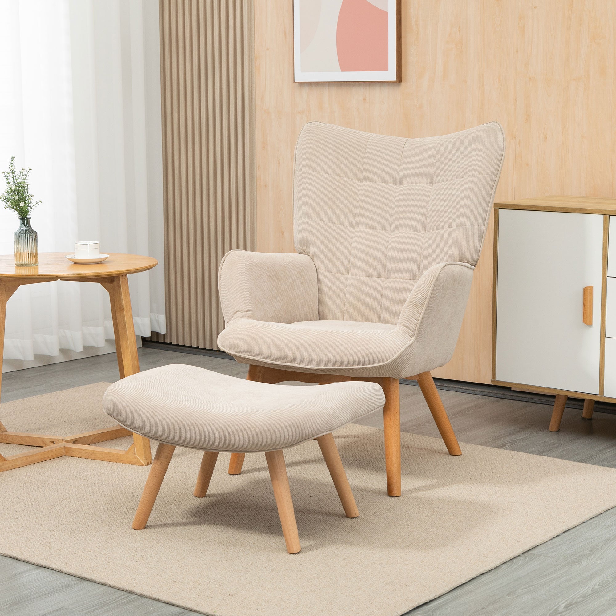 HOMCOM Fauteuil met Scandinavisch accent, voetenbank, fauteuilset, beukenhout, corduroy-look, beige