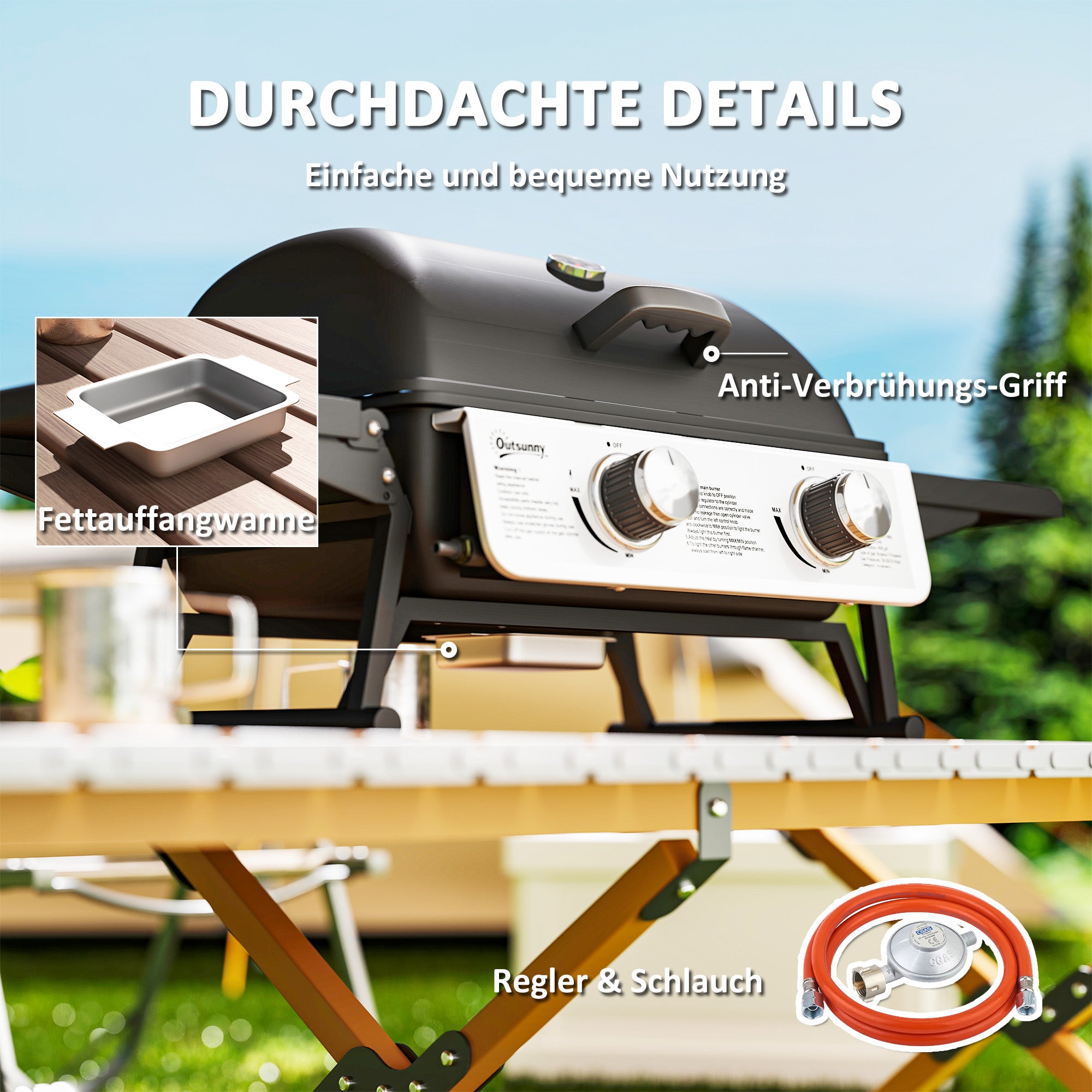 Outsunny Gasbarbecue 5,6 KW met 2 Roestvrijstalen Branders en Zijtafels, Drukregelaar 101 x 48 x 41 cm Zwart