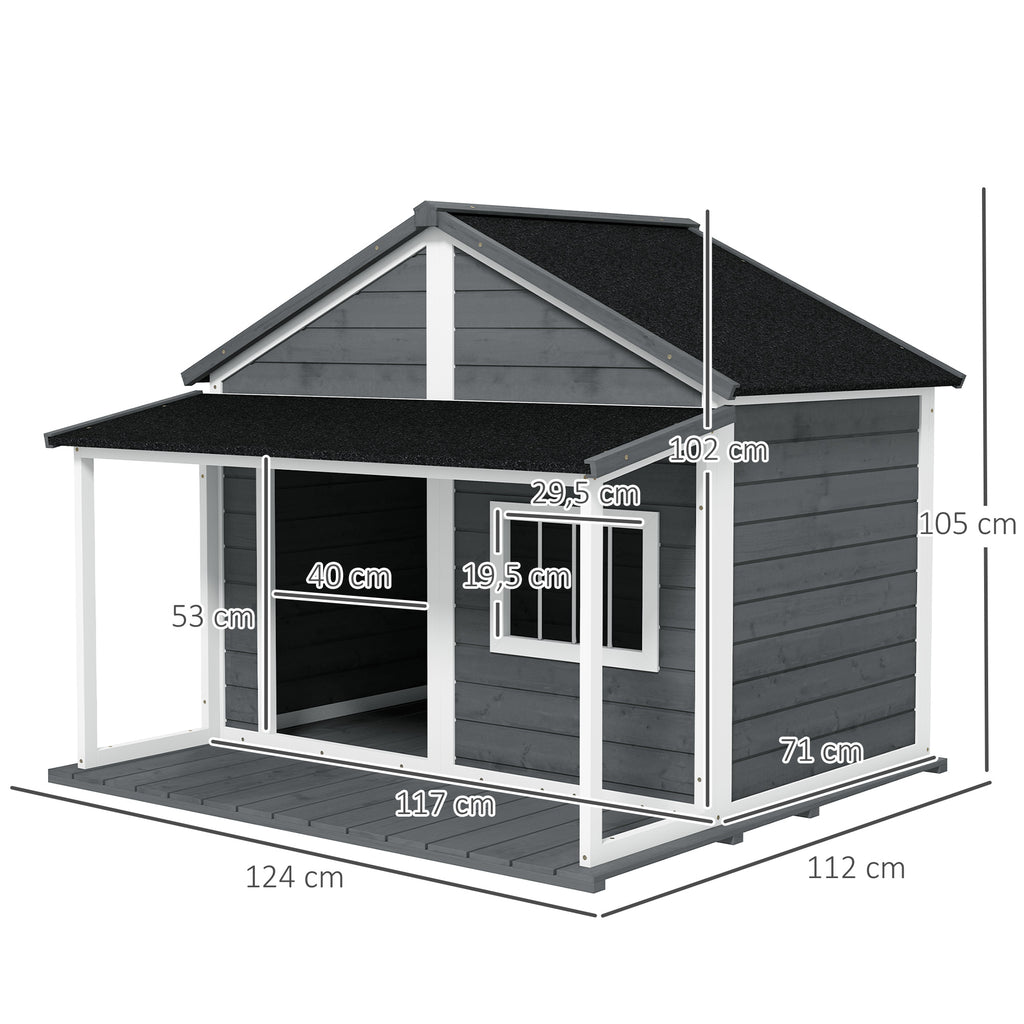 PawHut Hondenhok voor buiten - Inclusief veranda - Weerbestendig - 124 cm x 112 cm x 105 cm - Grijs + Wit