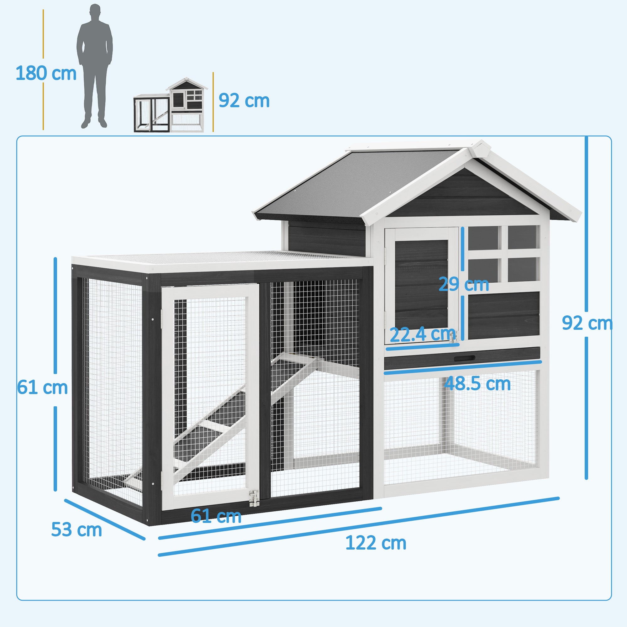 PawHut konijnenhok grijs+zwart+wit 122 x 62,6 x 92 cm