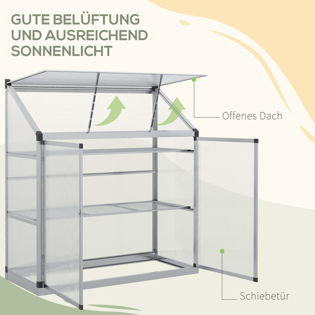 Outsunny serre met funderingsframe, behuizing van polycarbonaat, 2 planken, aluminium frame, 131 x 58 x 139,5 cm