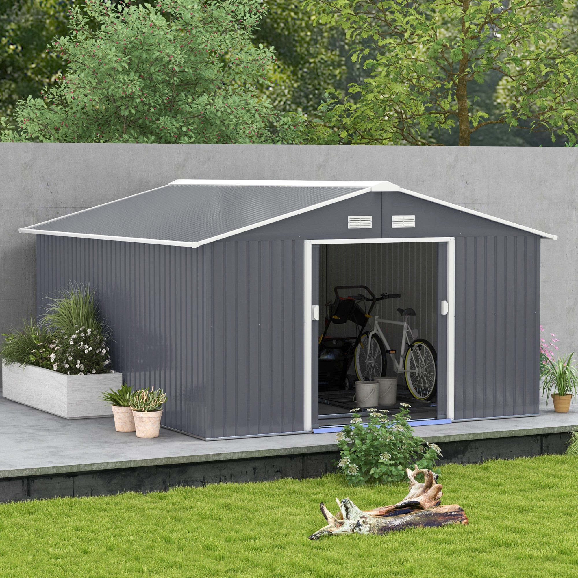 Outsunny Gereedschapsschuur met fundering 24,5 m³ gereedschapsschuur tuinhuisje stalen schuifdeur