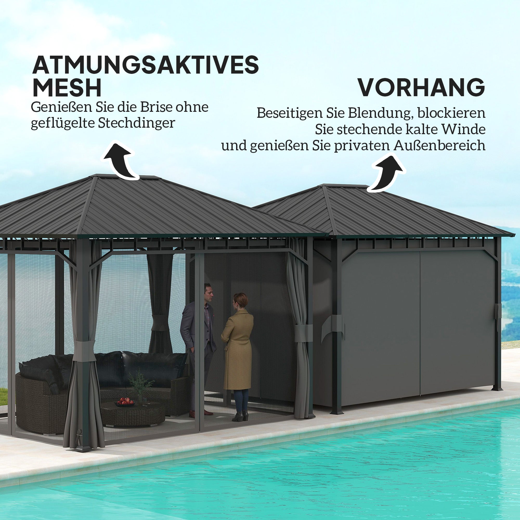 Outsunny Tuinpaviljoen, Metalen Paviljoen, Waterdicht, UV-bestendig, Terraspaviljoen met Netwanden en Gordijnen, Donkergrijs