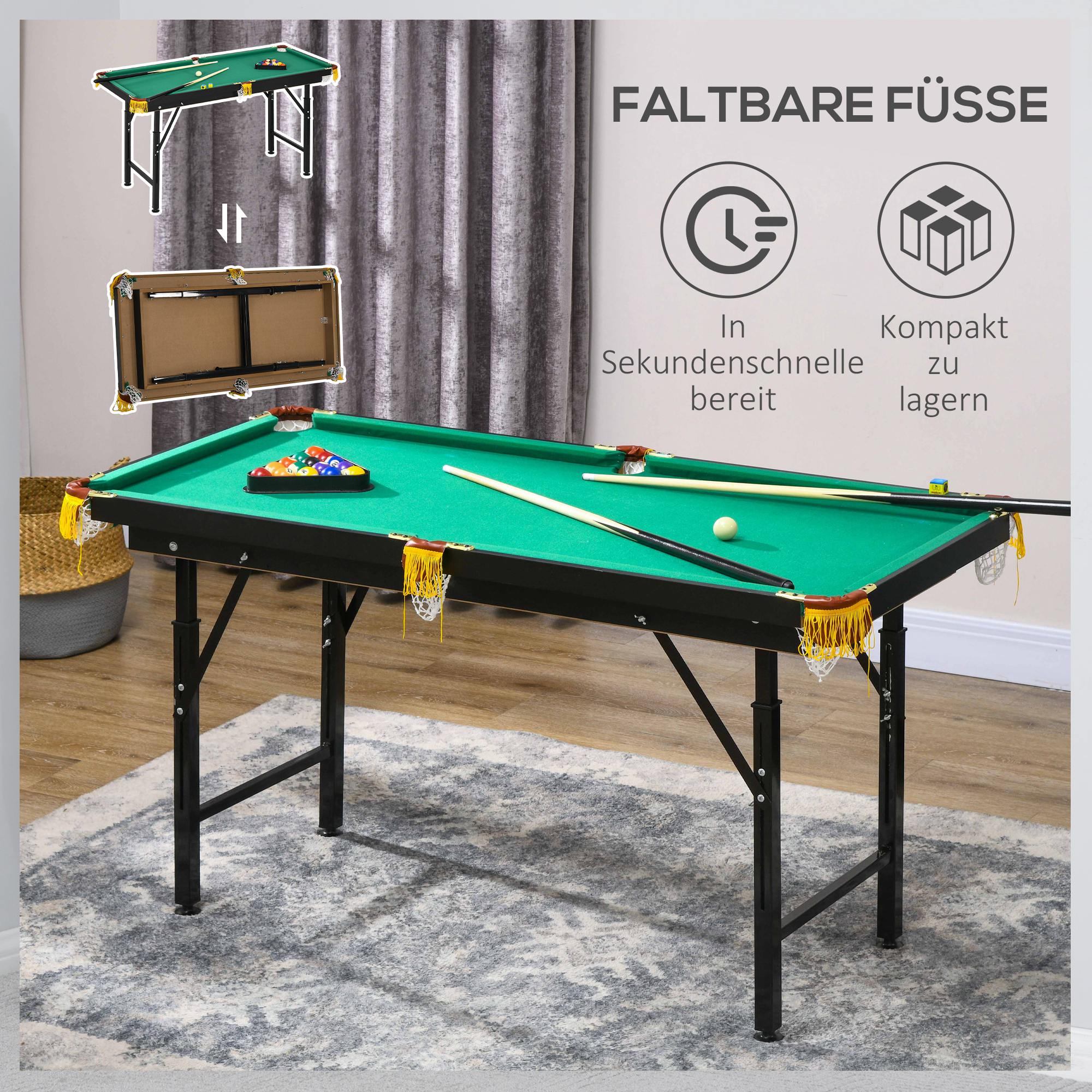 SPORTNOW Biljarttafel, inklapbaar, verstelbare hoogte, incl. driehoek/2 keus/16 ballen, Groen