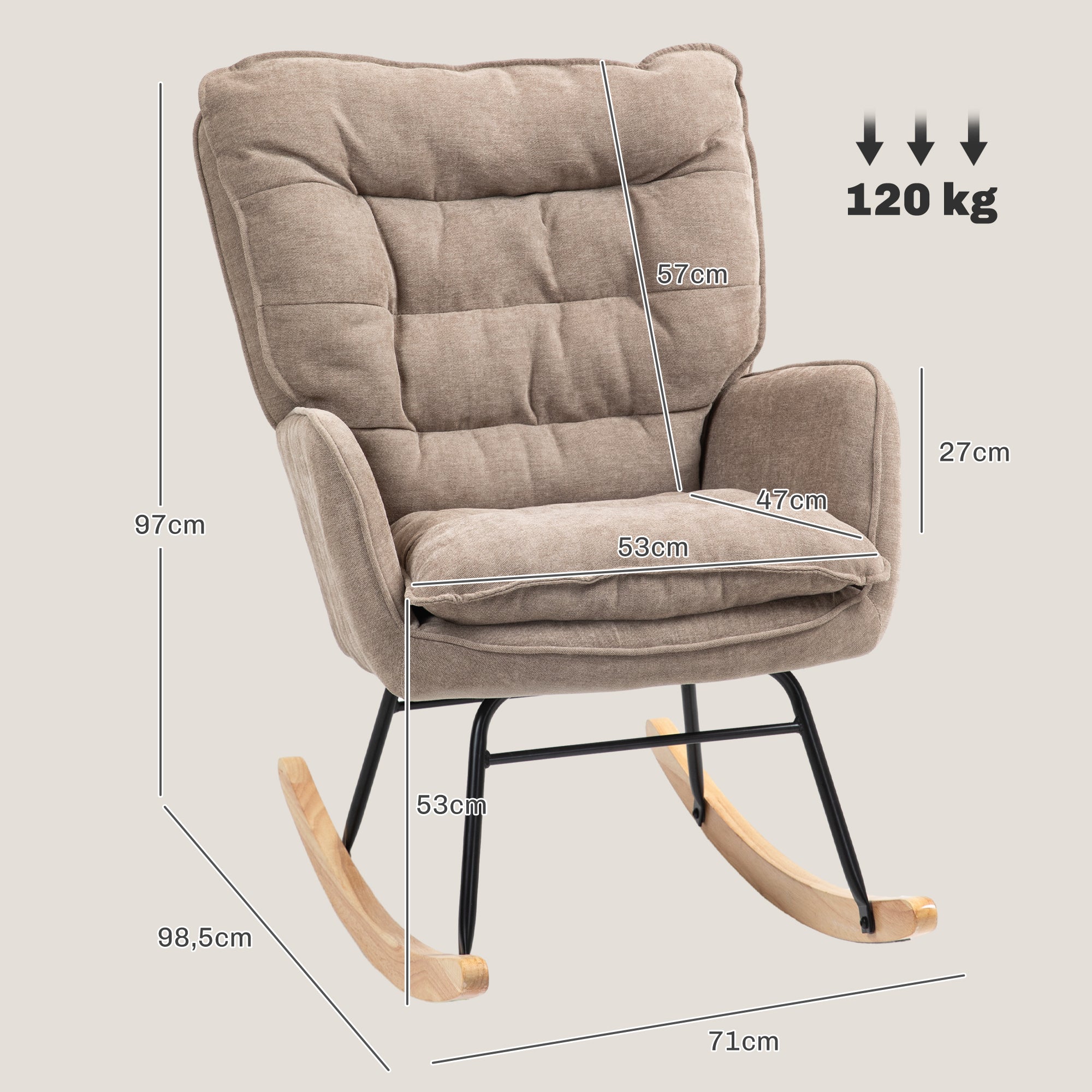 HOMCOM Schommelstoel met Brede Zit en Hoge Rugleuning, Frame van Beukenhout, tot 120 kg, Bruin