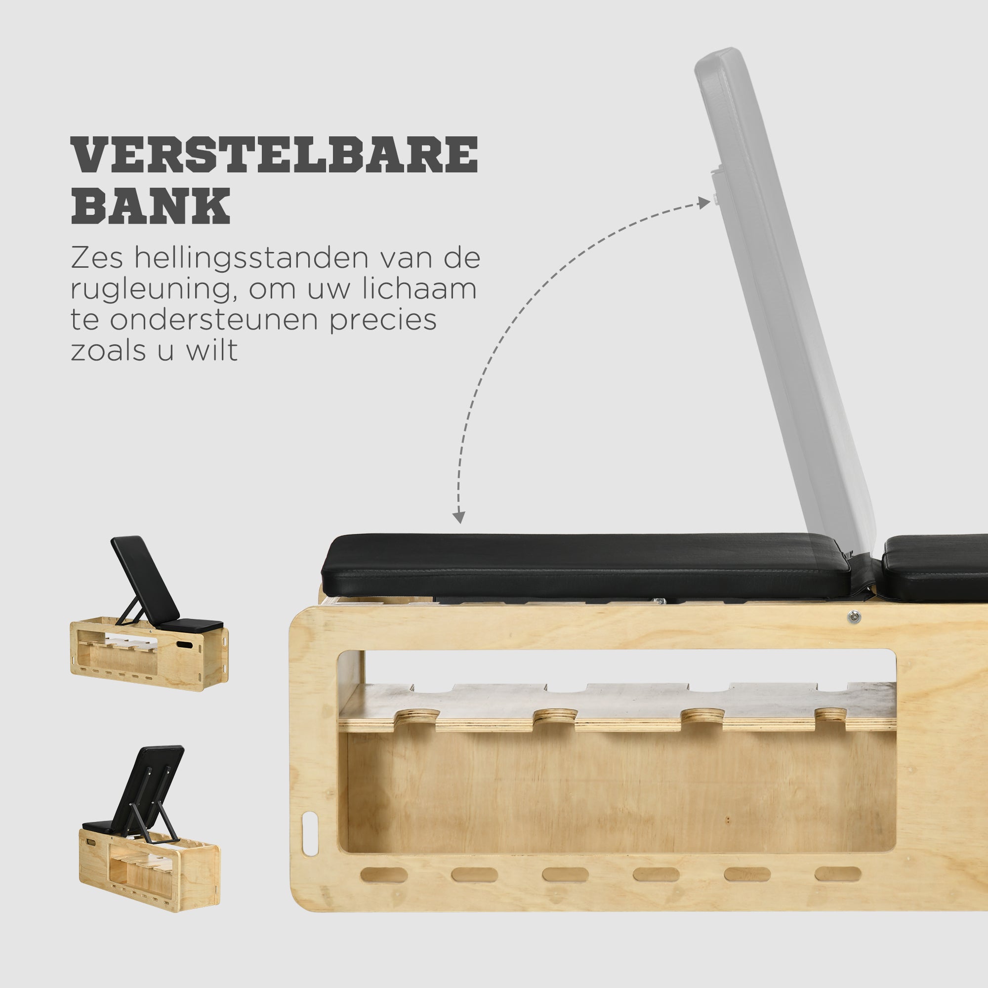 HOMCOM Halterbank met halterrek, 1 opbergmand, verstelbaar in 6 posities, massief hout, naturel + zwart
