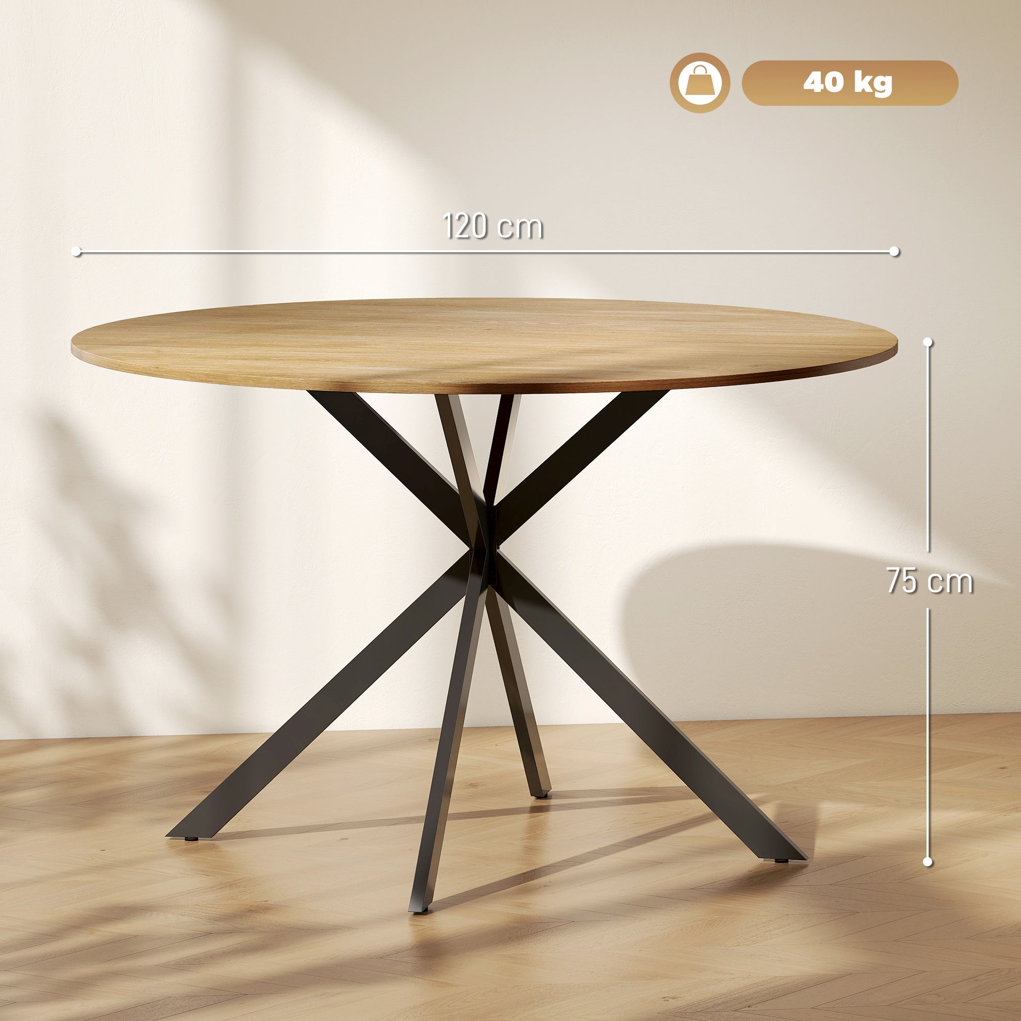 HOMCOM Ronde Eettafel voor 4 Personen, Keukentafel in Industriële Stijl met Stalen Poten, voor Eetkamer, Keuken, Eiken