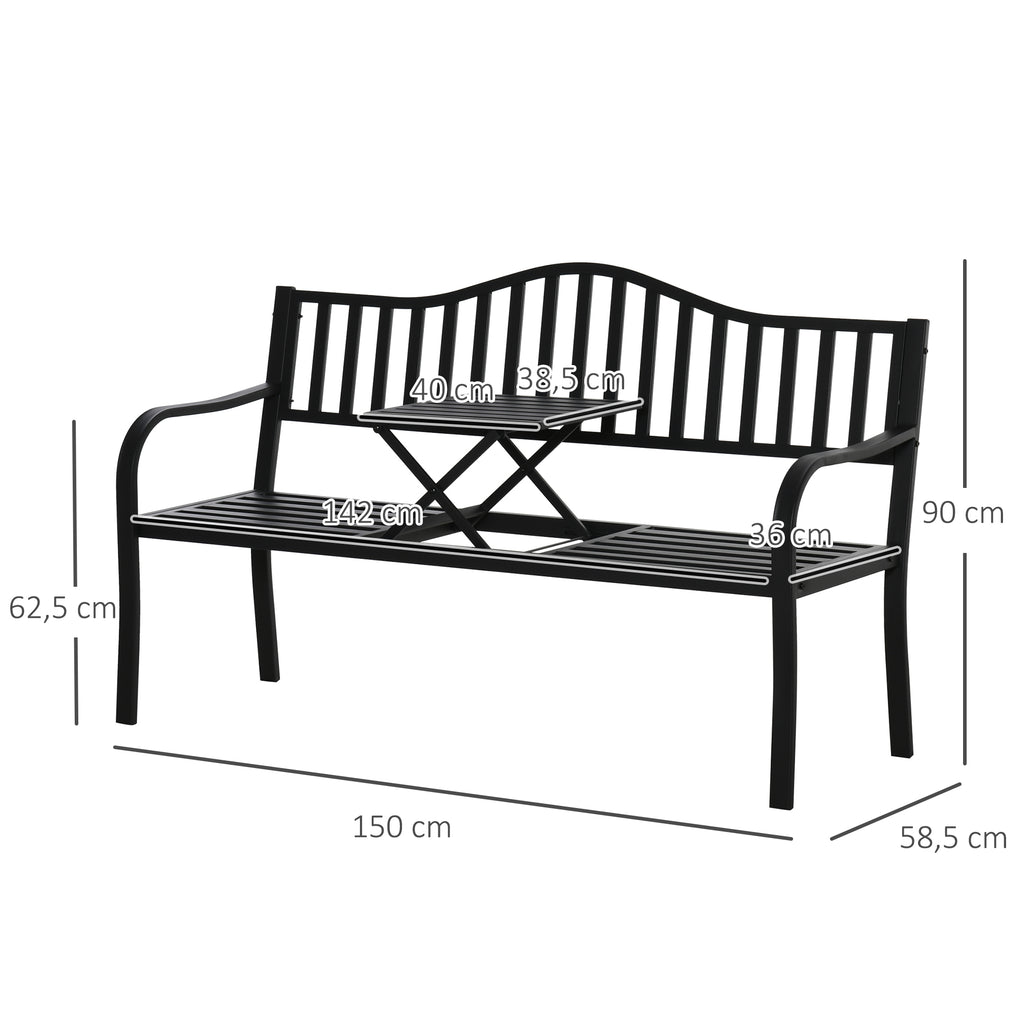 Outsunny Tuinbank met uitschuifbare tafel voor 2-3 personen Metalen parkbank Zitbank Terrasbank met rugleuning en armleuningen Tuinmeubels Zwart 150 x 58.5 x 90 cm