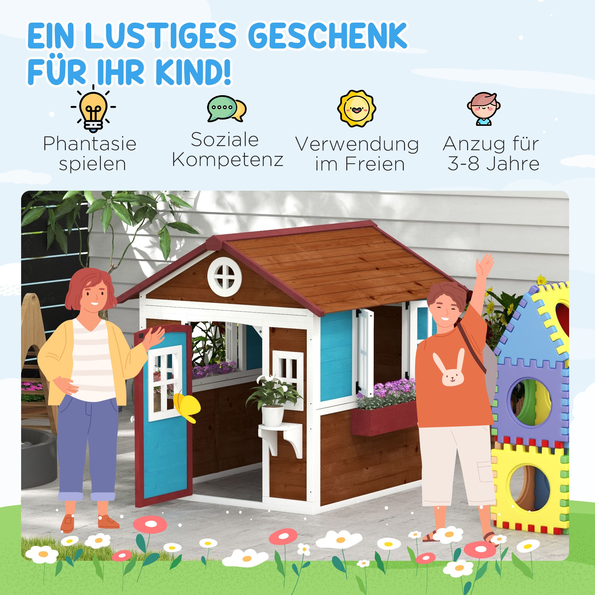 Outsunny Kinderspeelhuis van hout voor buiten, met ramen, bloempotten, ideaal voor kinderen van 3-8 jaar, Blauw