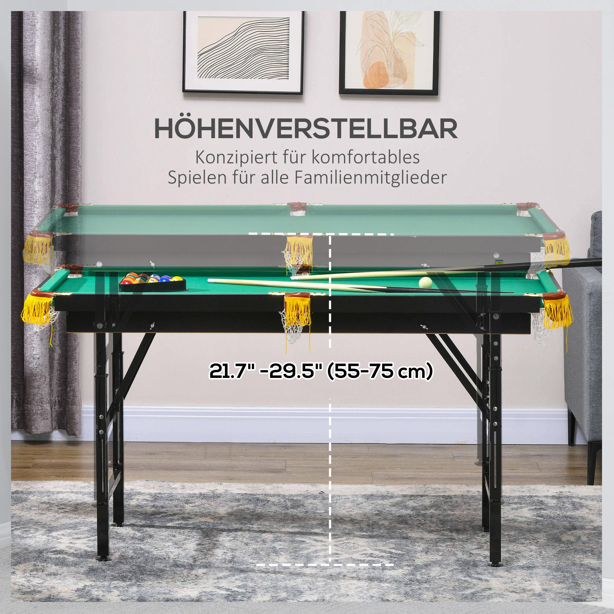 SPORTNOW Biljarttafel, inklapbaar, verstelbare hoogte, incl. driehoek/2 keus/16 ballen, Groen