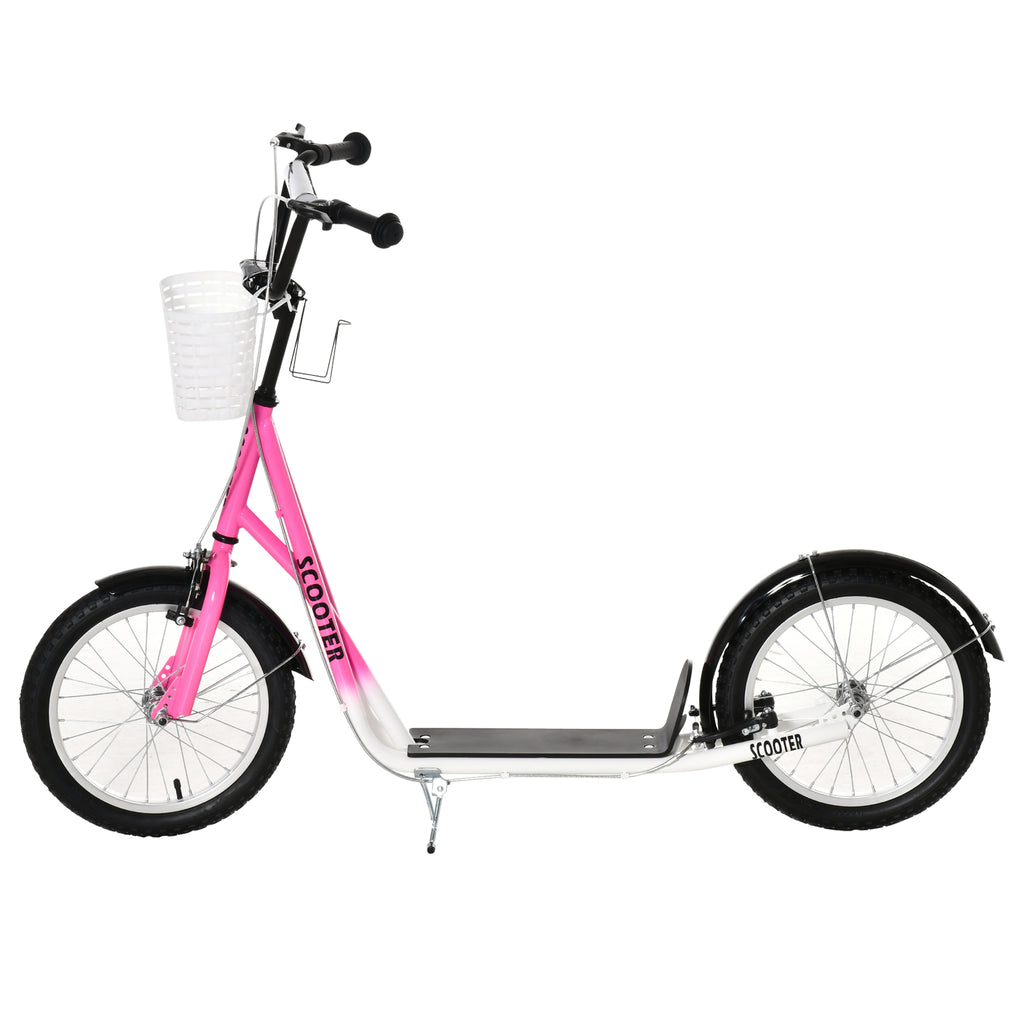 HOMCOM Kinderstep met Rem, Incl. Mand, Hoogteverstelbaar, voor Kinderen van 5 tot 12 Jaar, Wit + Roze