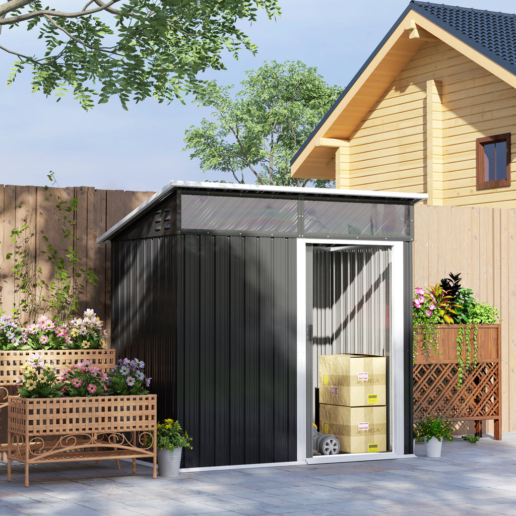 Outsunny Tuinschuur, Gereedschapsschuur met Vensters, Ventilatieopeningen, Schuifdeur, Waterdicht Staal, Weerbestendig, Donkergrijs
