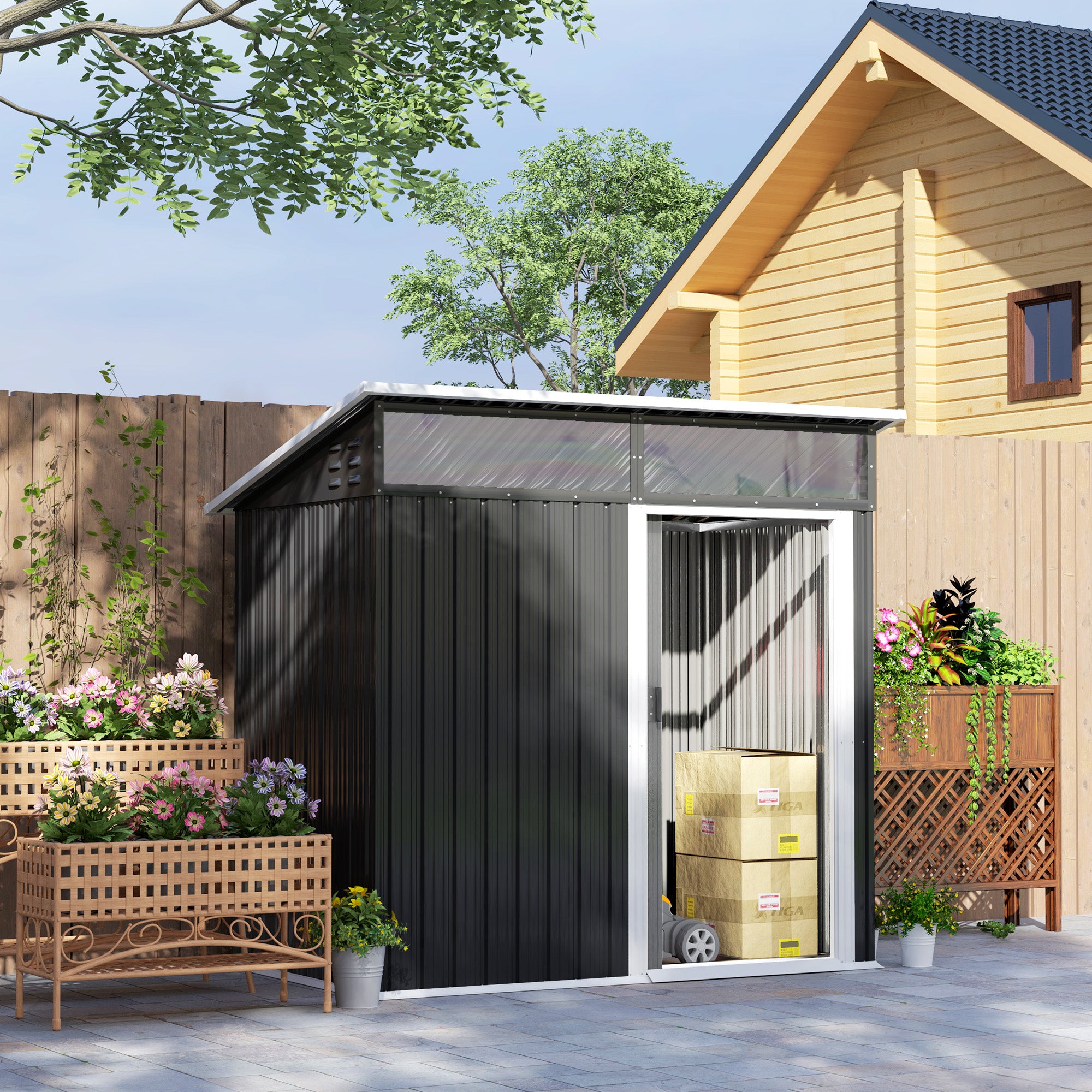 Outsunny Tuinschuur, Gereedschapsschuur met Vensters, Ventilatieopeningen, Schuifdeur, Waterdicht Staal, Weerbestendig, Donkergrijs