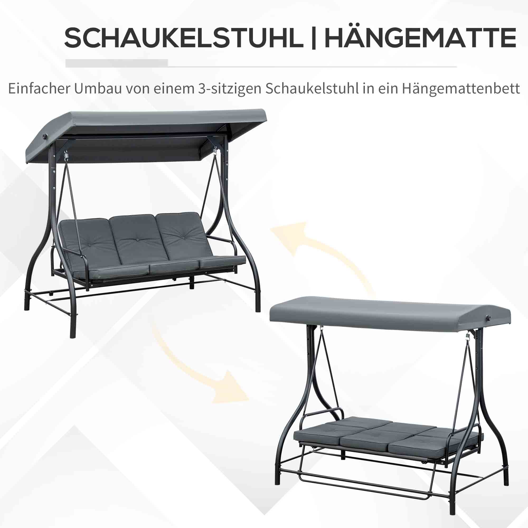 Outsunny Schommelbank Hollywoodschommel met Zonwering, Tuinschommel, Verandaschommel, 3 Zitplaatsen, Schommelbed