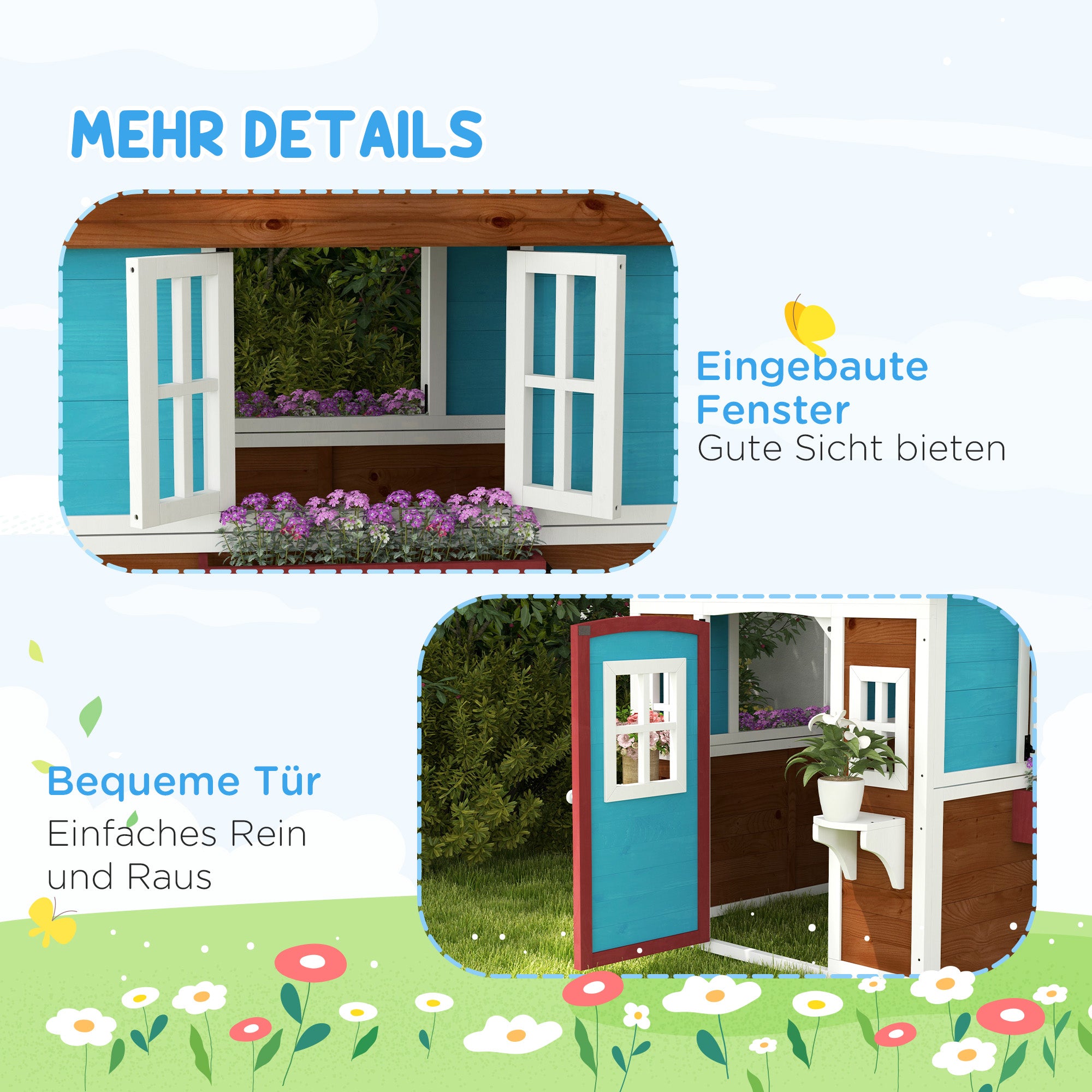 Outsunny Kinderspeelhuis van hout voor buiten, met ramen, bloempotten, ideaal voor kinderen van 3-8 jaar, Blauw
