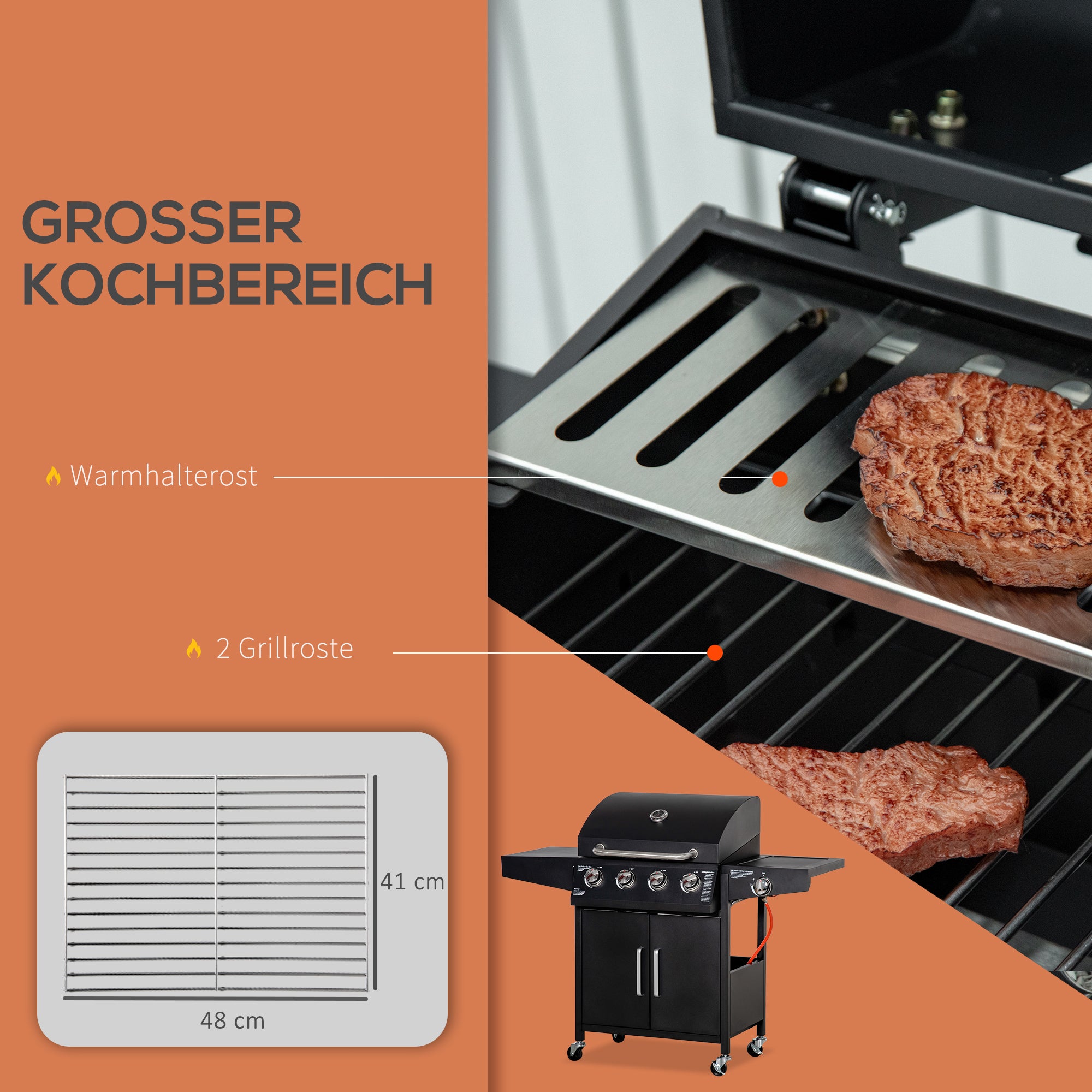 Outsunny 4+1 Gas BBQ Grill met 4 Branders en 1 Zijbrander Koolstofstaal Zwart 132 x 55 x 109 cm