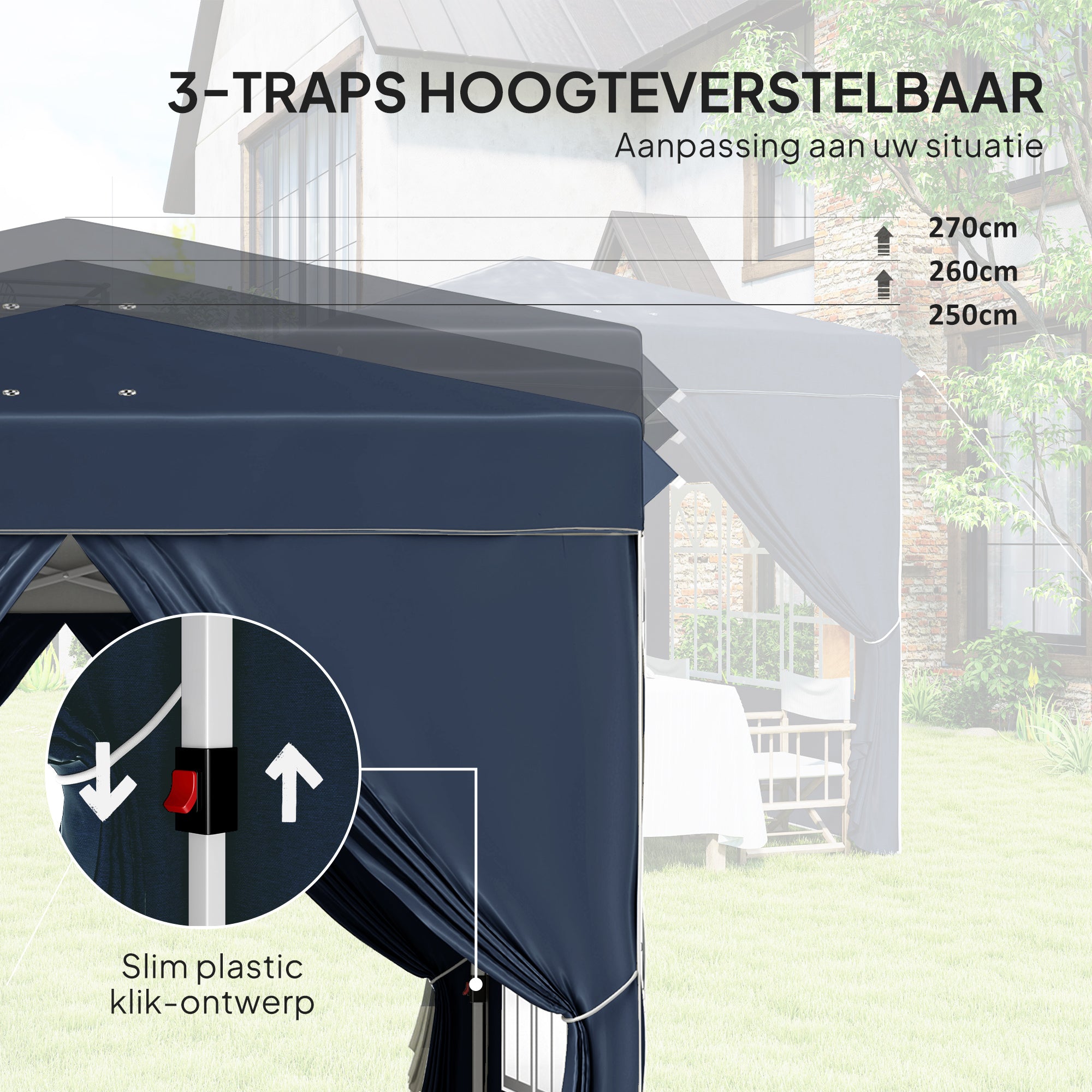 Outsunny 2,5 x 2,5 m Pop-up Paviljoen met Zijwanden en Draagtas, UPF50+ Hoogteverstelbaar Tuinpaviljoen, Donkerblauw