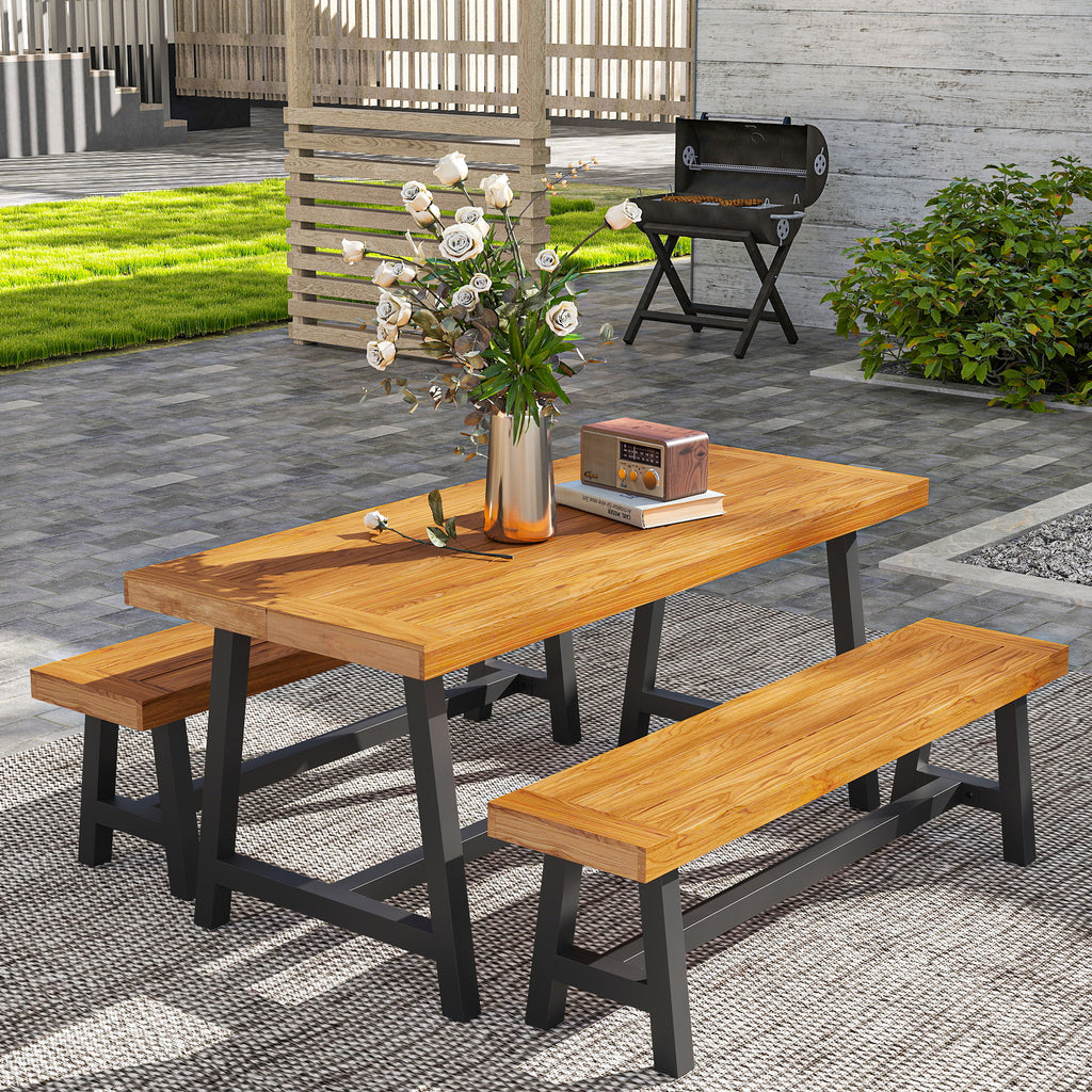 Outsunny Tuinmeubelset 3-delig Hout Eetgroep voor 4 Personen Eettafel met 2 Banken Teak